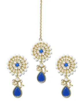 Gold Plated Pearl Beads Kundan Dangler Earrings with Maangtikka