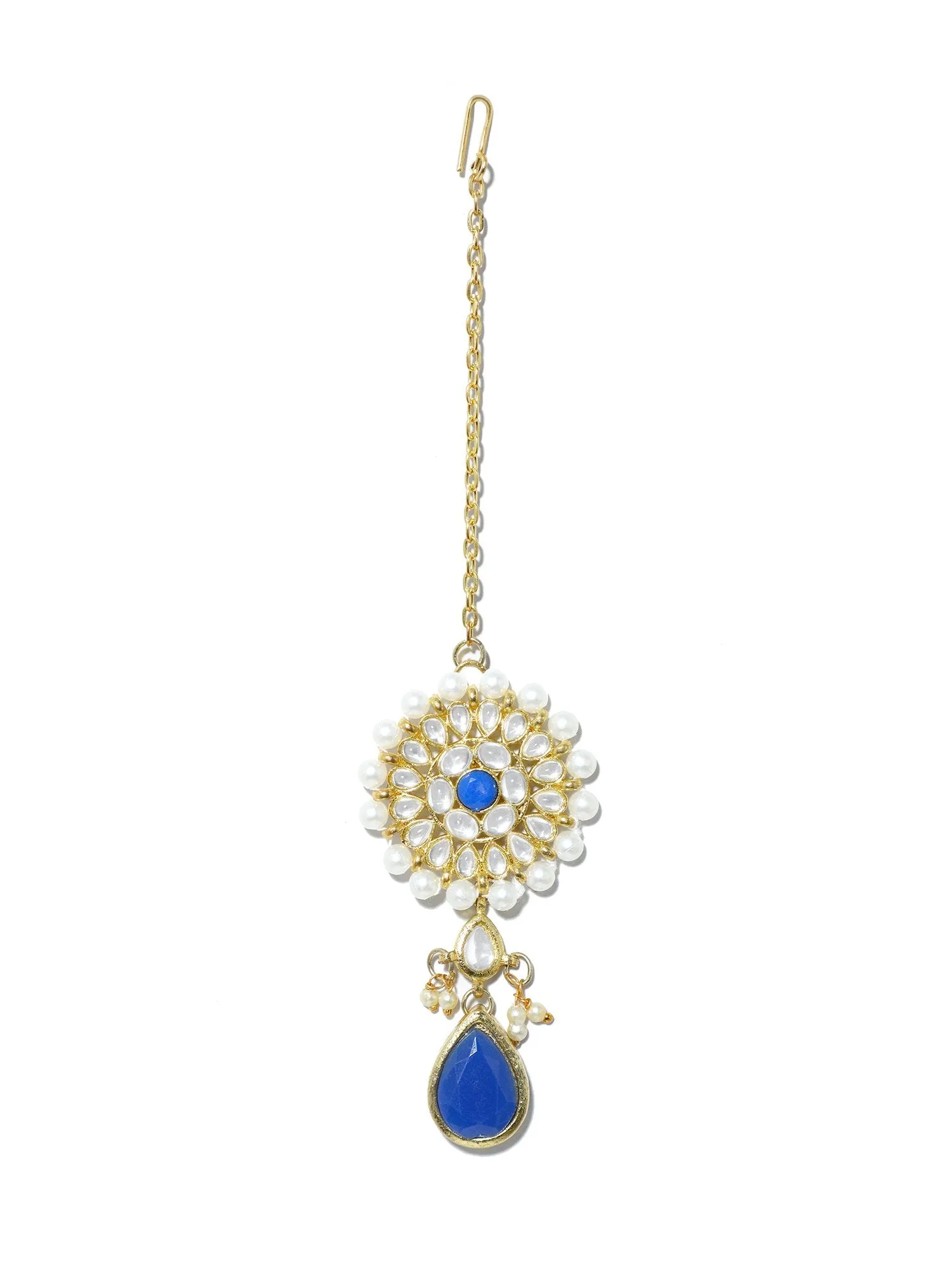 Gold Plated Pearl Beads Kundan Maangtikka with Blue Stone