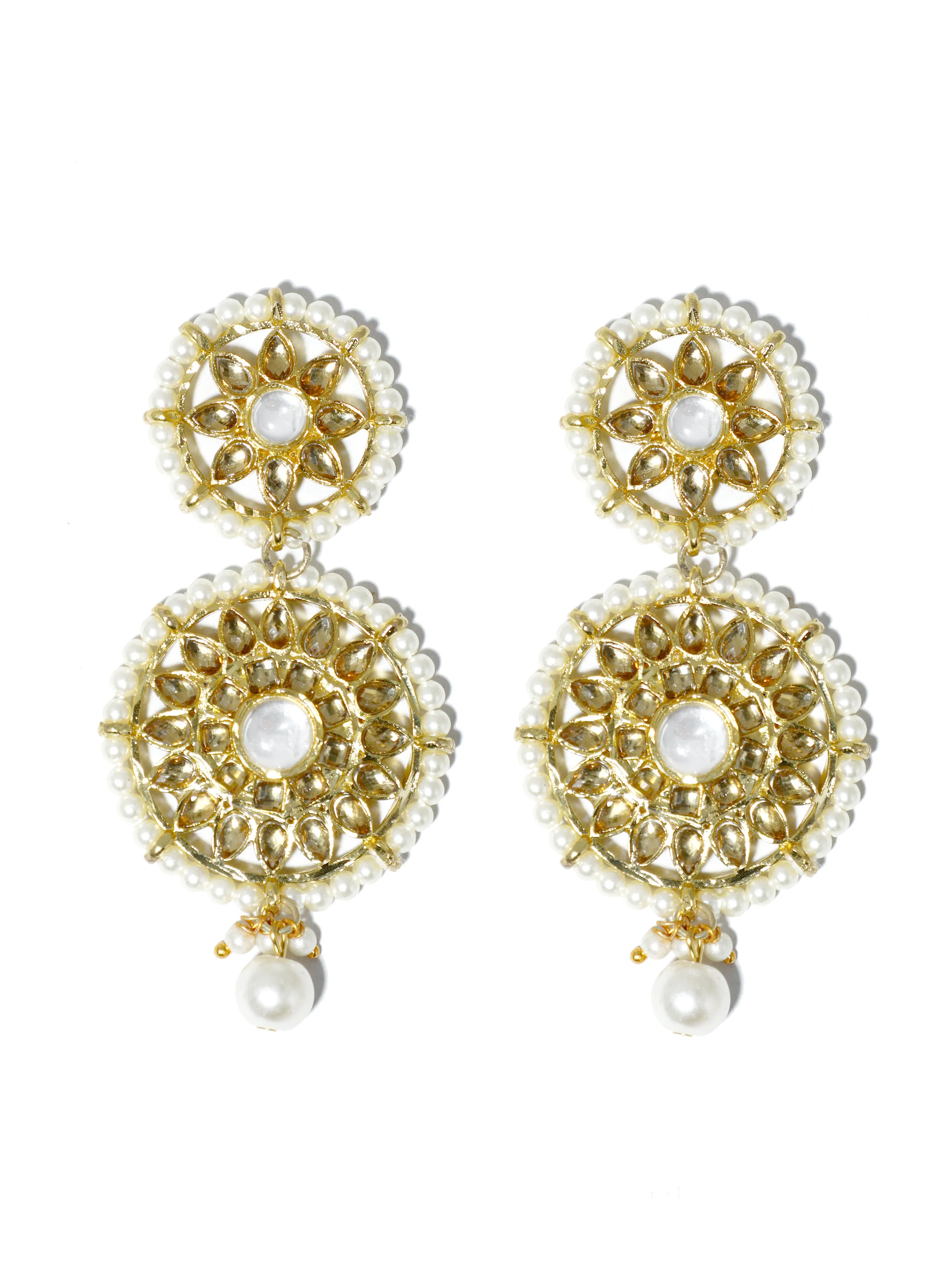 Gold Plated Pearl Beads Kundan Stud Earrings with Maangtikka