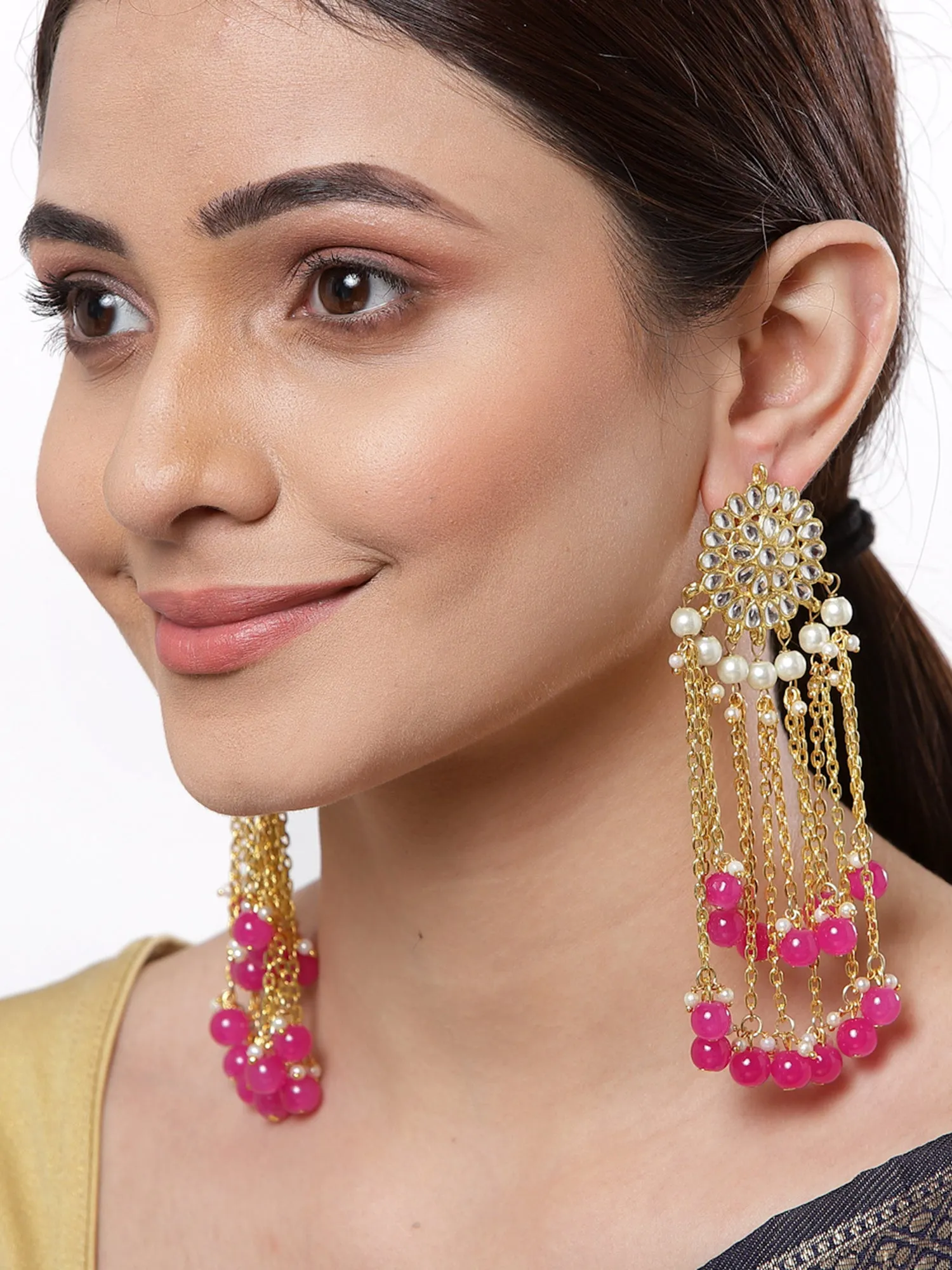 Gold Plated Pink Kundan Tassel Earrings