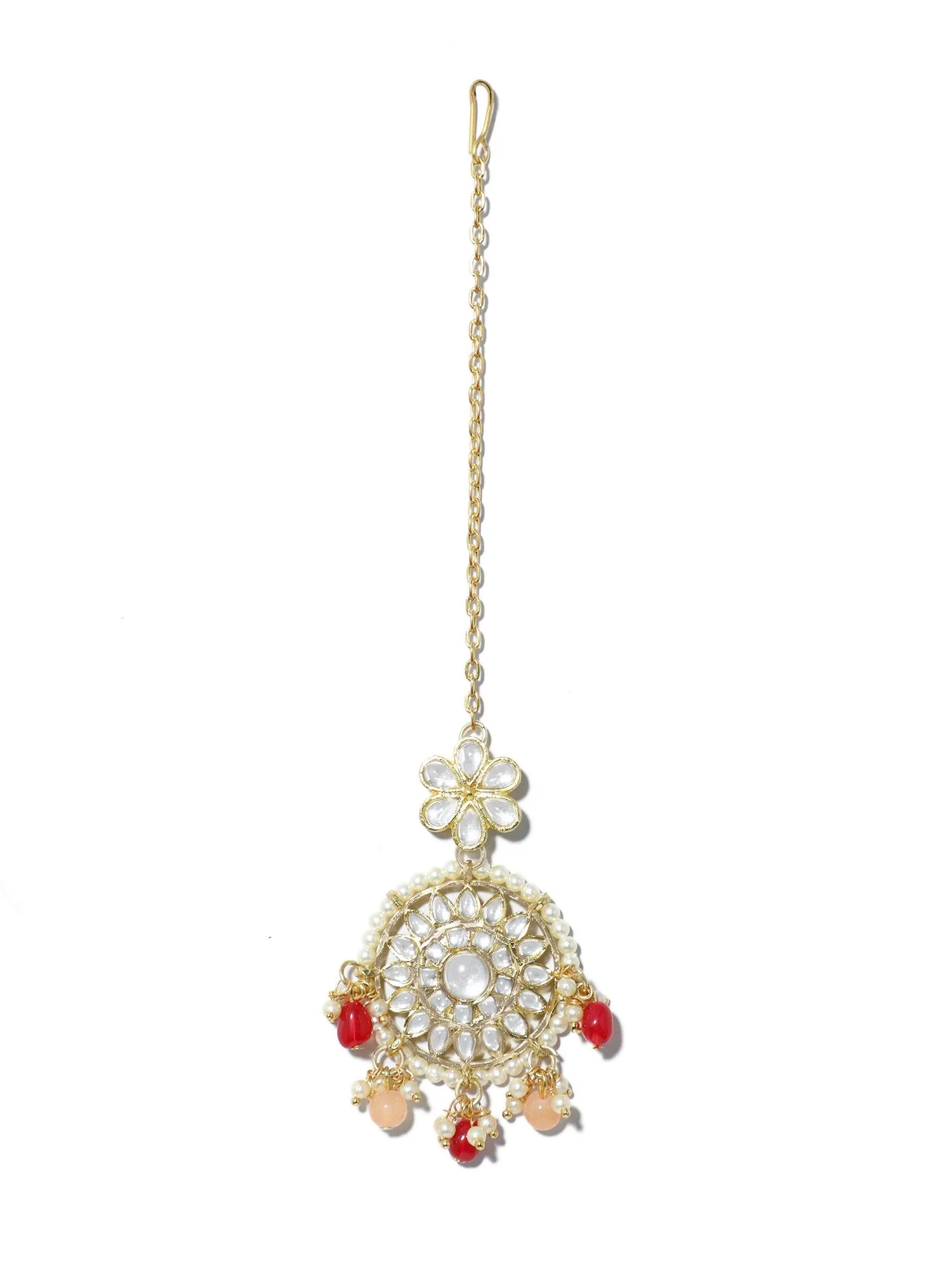 Gold Plated Red and Peach Beads Kundan Maangtikka