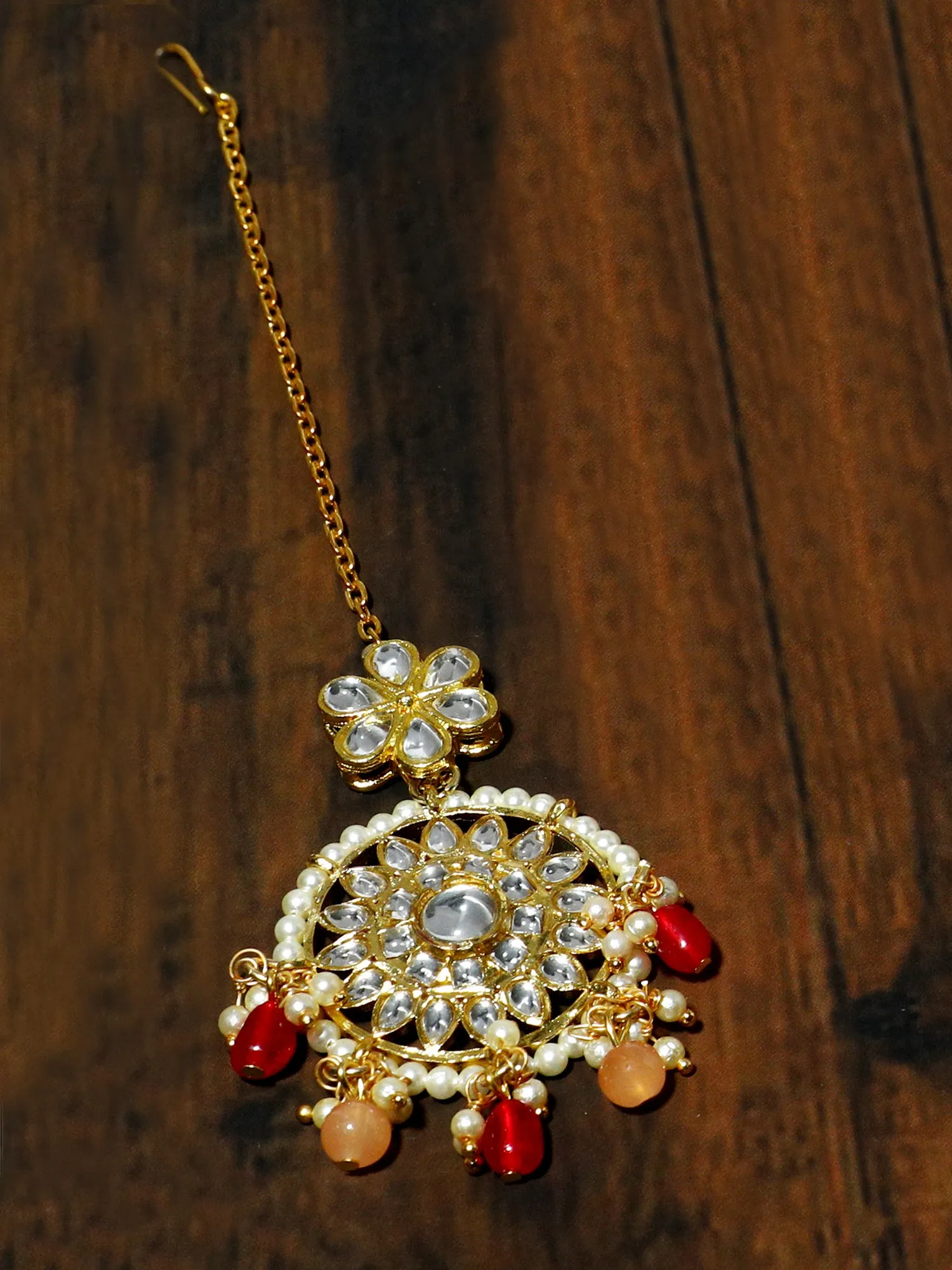 Gold Plated Red and Peach Beads Kundan Maangtikka