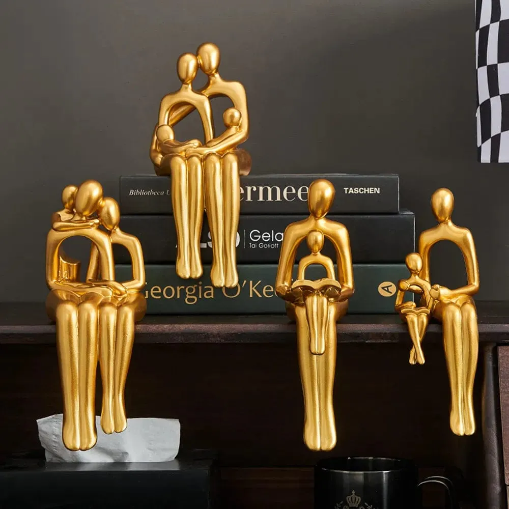 Golden Abstract Family Sculpture: Modern Resin Statue for Stylish Home Décor