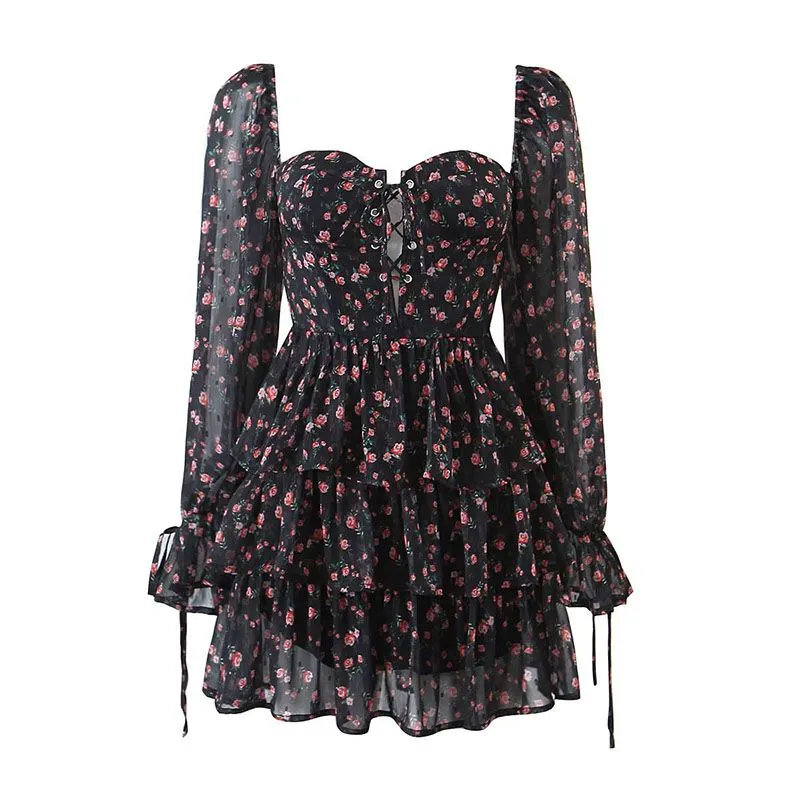 High Street Brand Floral Prints Square Neck Ruffle Tiered Chiffon Dresses