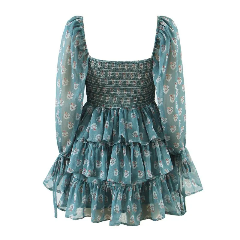 High Street Brand Floral Prints Square Neck Ruffle Tiered Chiffon Dresses