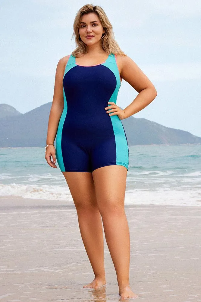 HN Women Plus Size Contrast Color Bathing Suit Hollowed-out Back Swimwear