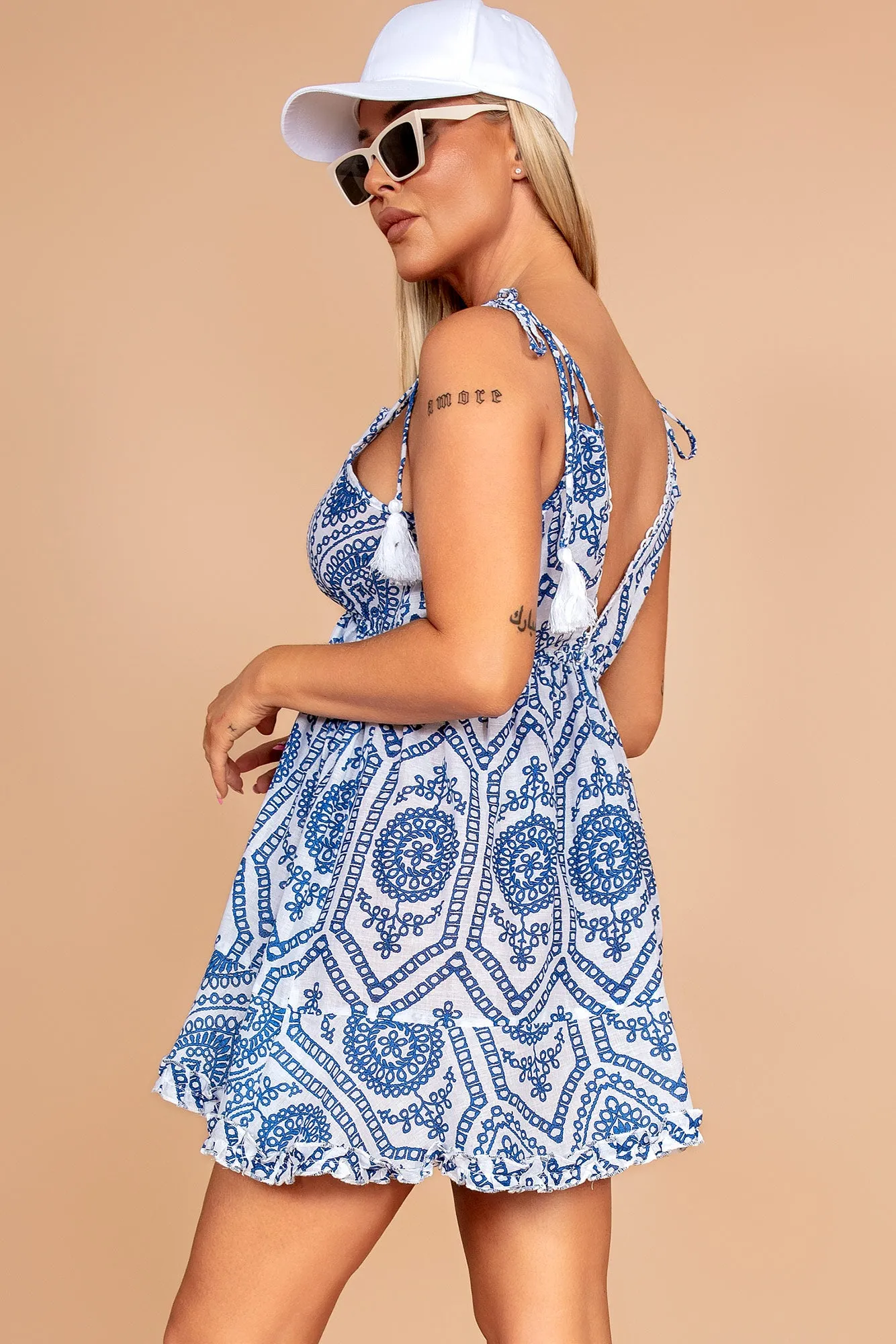 Jesslyn Blue Print Tassel Dress