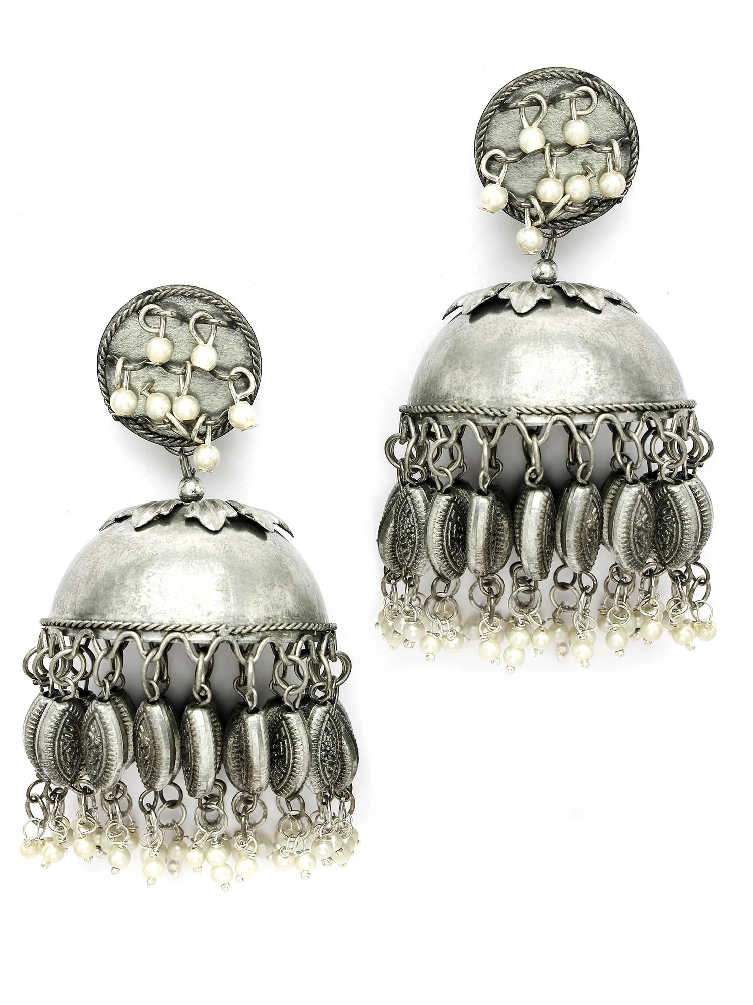 Karatcart Antique Finish Tribal Oxidised Silver Lightweight Dome Shape Jhumki Earrings for Women