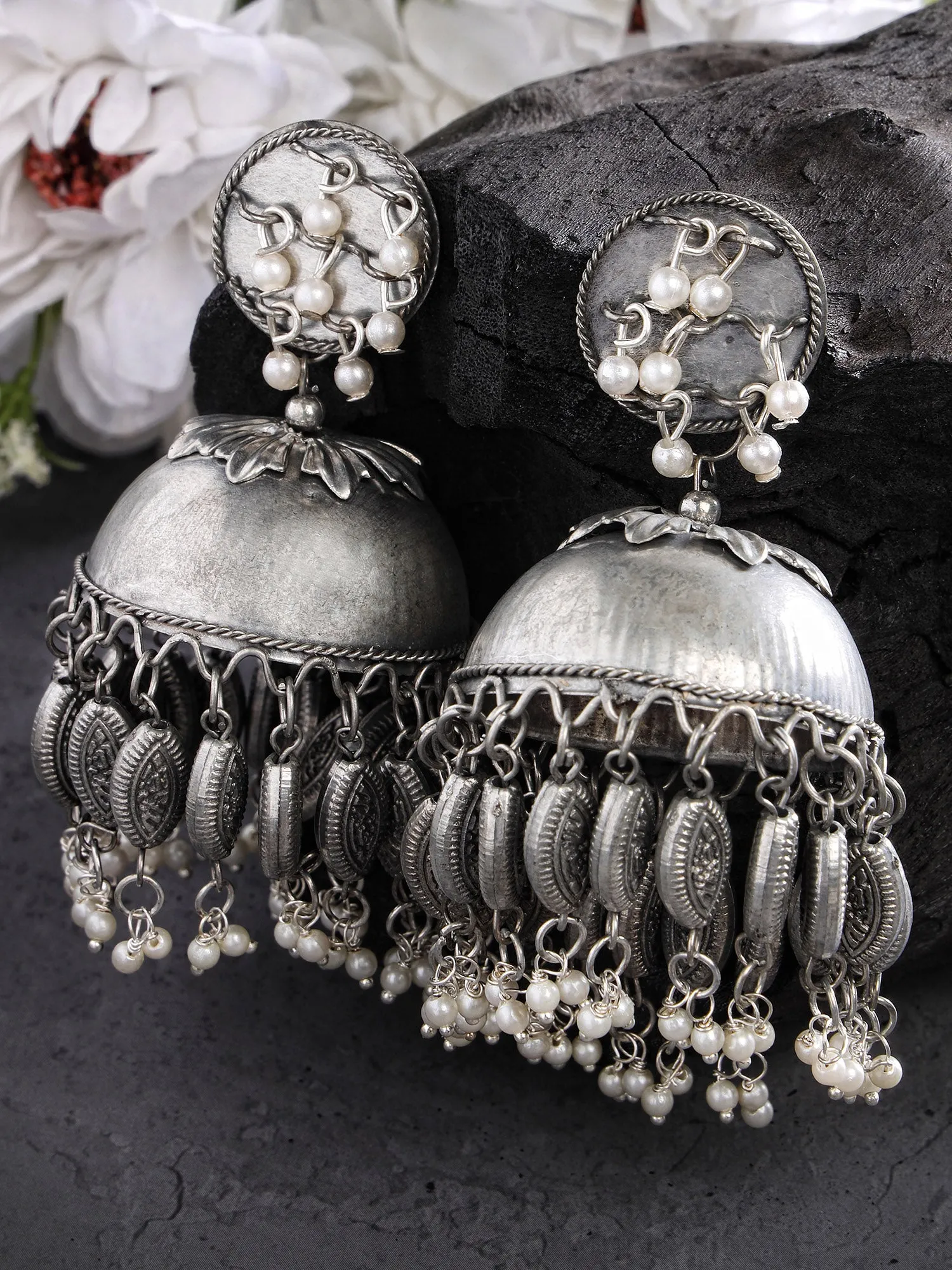 Karatcart Antique Finish Tribal Oxidised Silver Lightweight Dome Shape Jhumki Earrings for Women