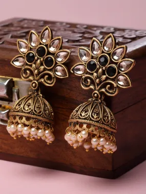 Karatcart Antique Gold Plated Black Kundan Jhumki Earrings for Women