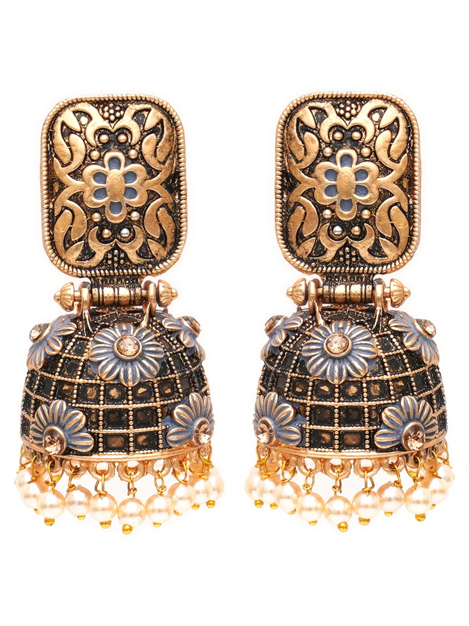 Karatcart Antique Gold Plated Floral Grey Studded Jhumki Earrings for Women