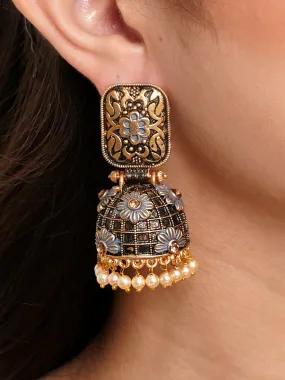 Karatcart Antique Gold Plated Floral Grey Studded Jhumki Earrings for Women