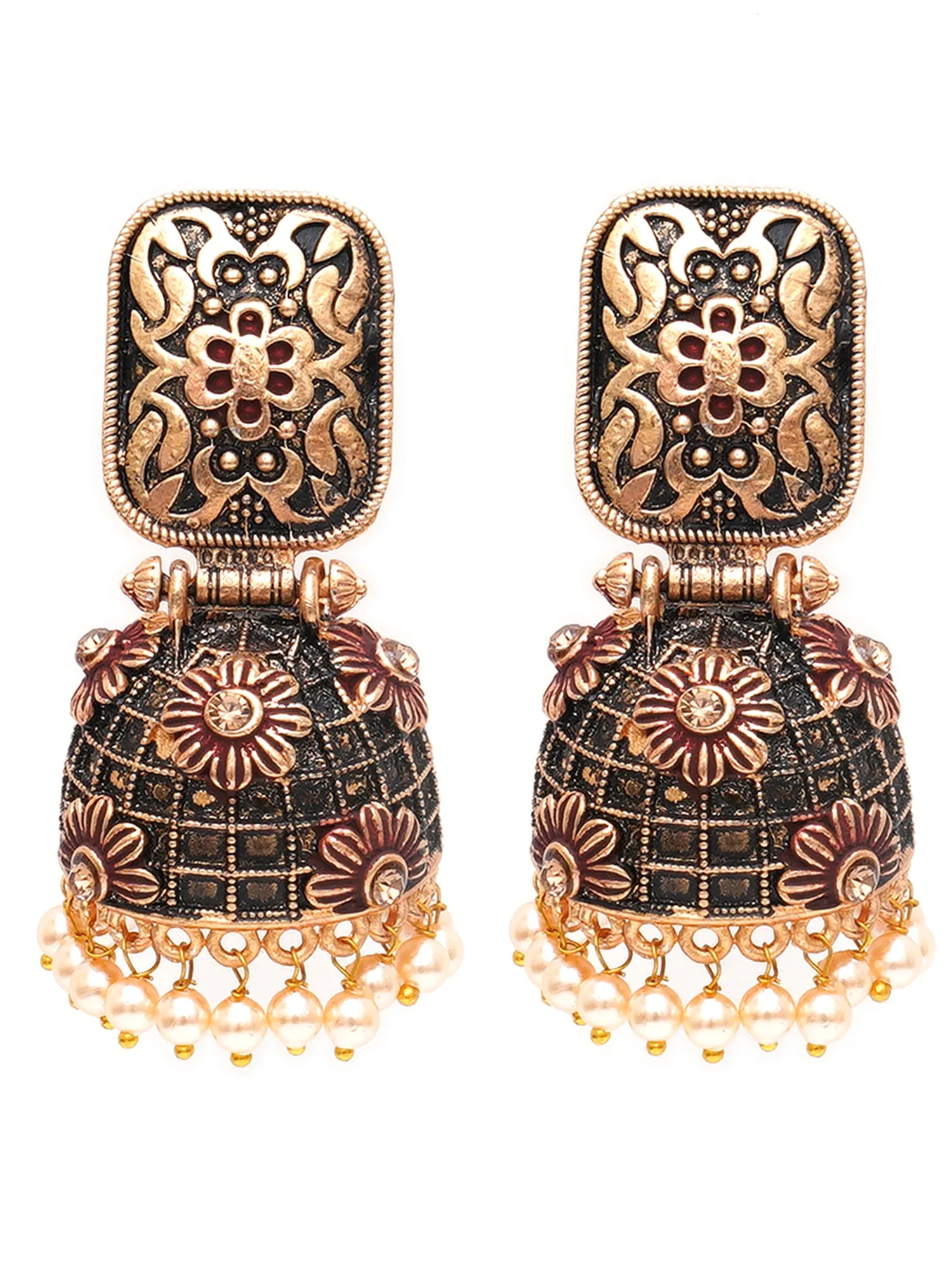 Karatcart Antique Gold Plated Floral Maroon Studded Jhumki Earrings for Women