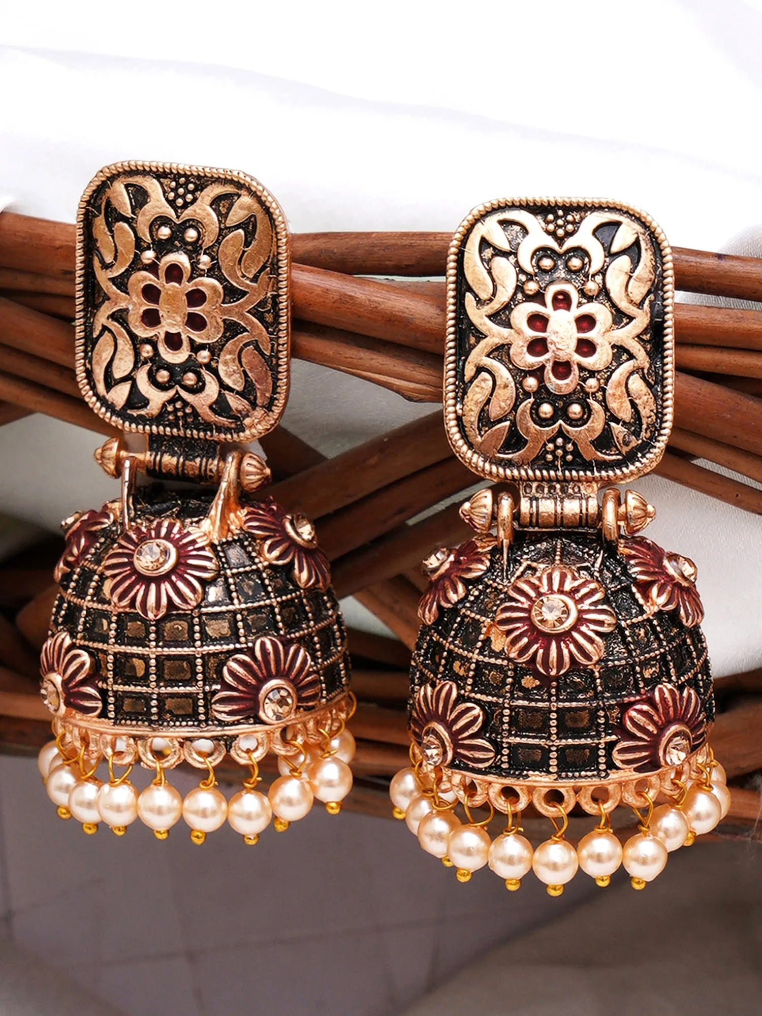 Karatcart Antique Gold Plated Floral Maroon Studded Jhumki Earrings for Women