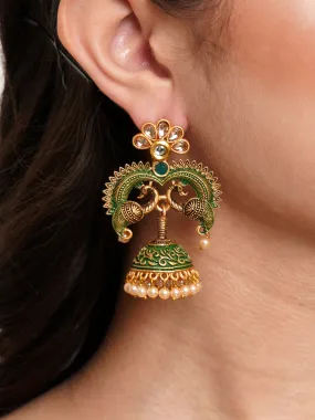 Karatcart Antique Gold Plated Green Designer Peacock Jhumki Earrings for Women