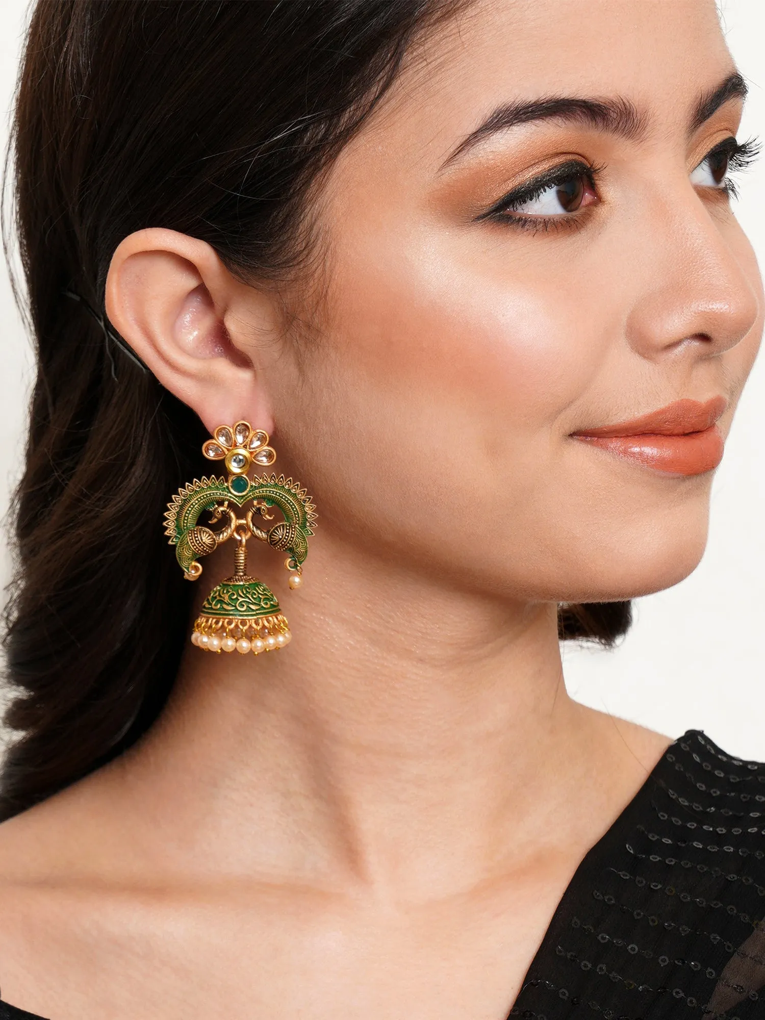 Karatcart Antique Gold Plated Green Designer Peacock Jhumki Earrings for Women