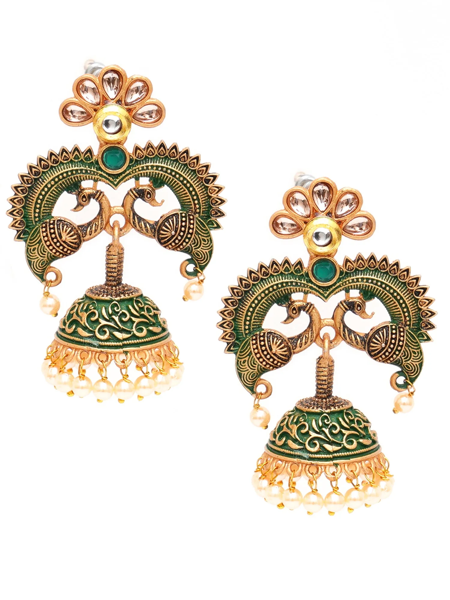 Karatcart Antique Gold Plated Green Designer Peacock Jhumki Earrings for Women