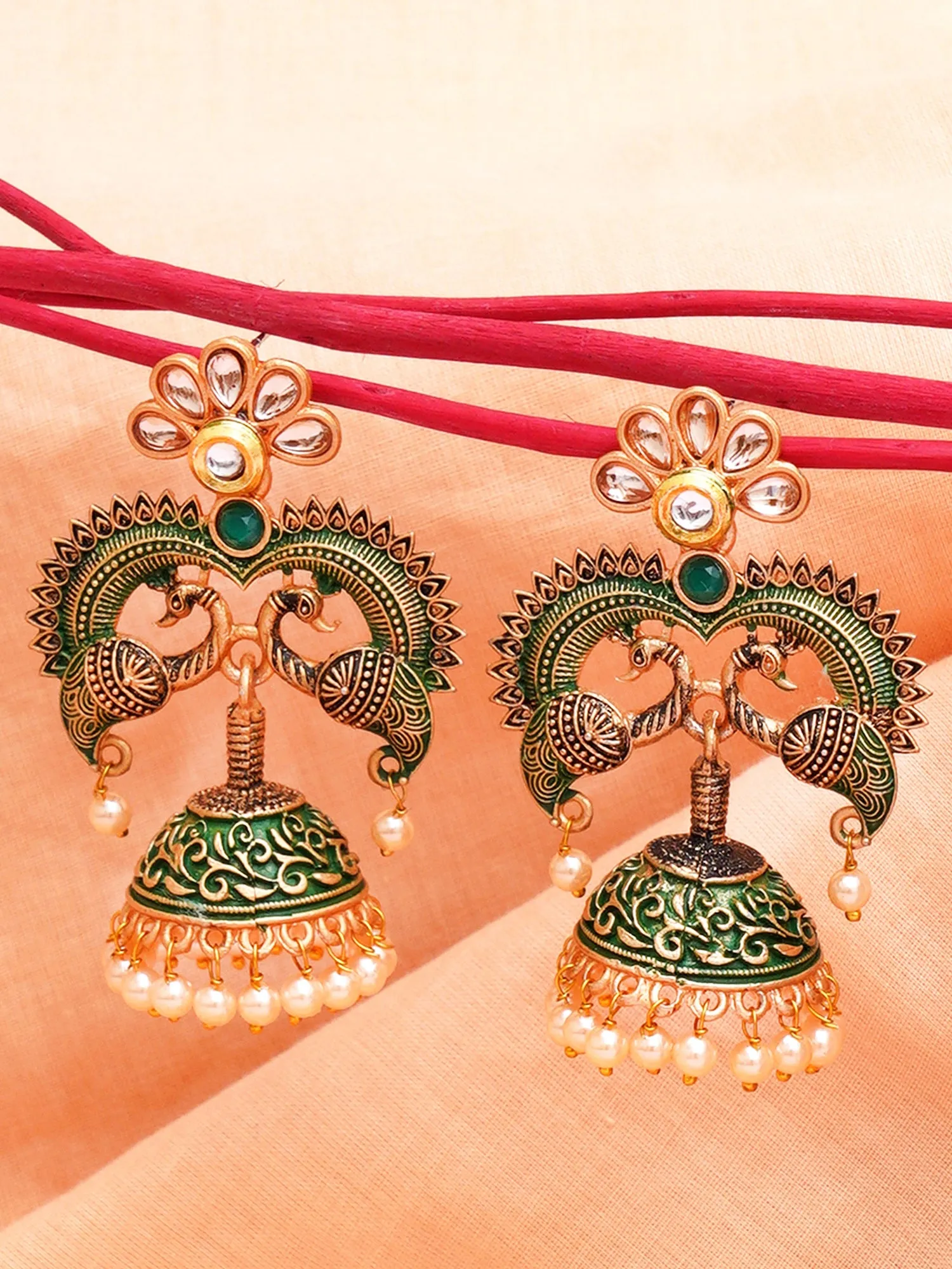 Karatcart Antique Gold Plated Green Designer Peacock Jhumki Earrings for Women