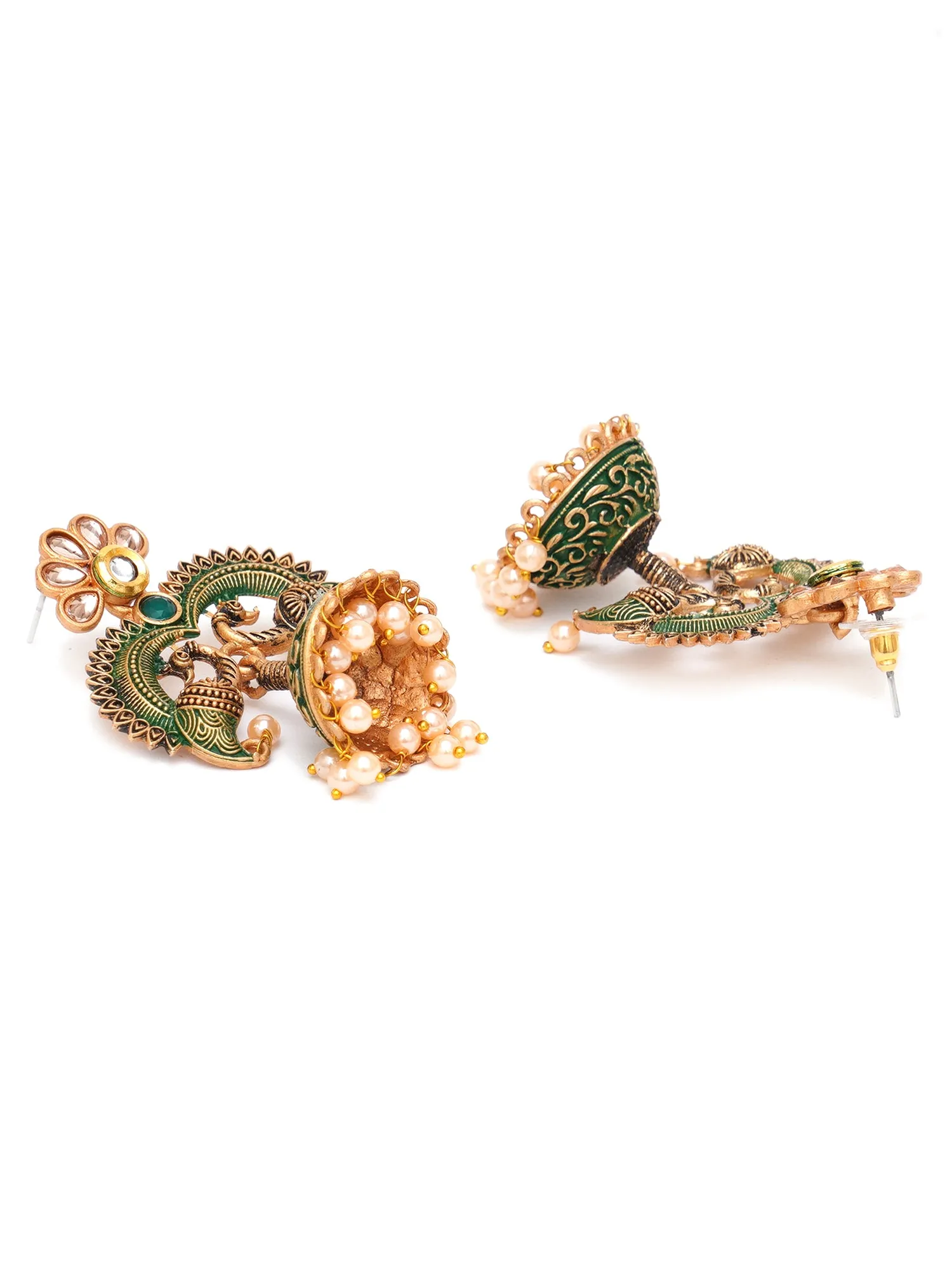 Karatcart Antique Gold Plated Green Designer Peacock Jhumki Earrings for Women