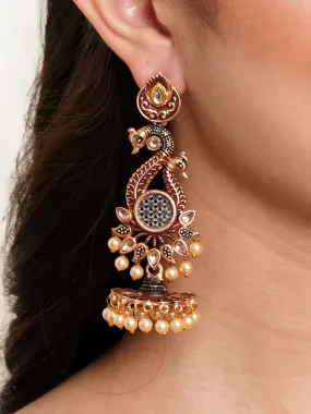 Karatcart Antique Gold Plated Kundan Studded Maroon Meena Peacock with Flat Jhumki Dangler Earrings