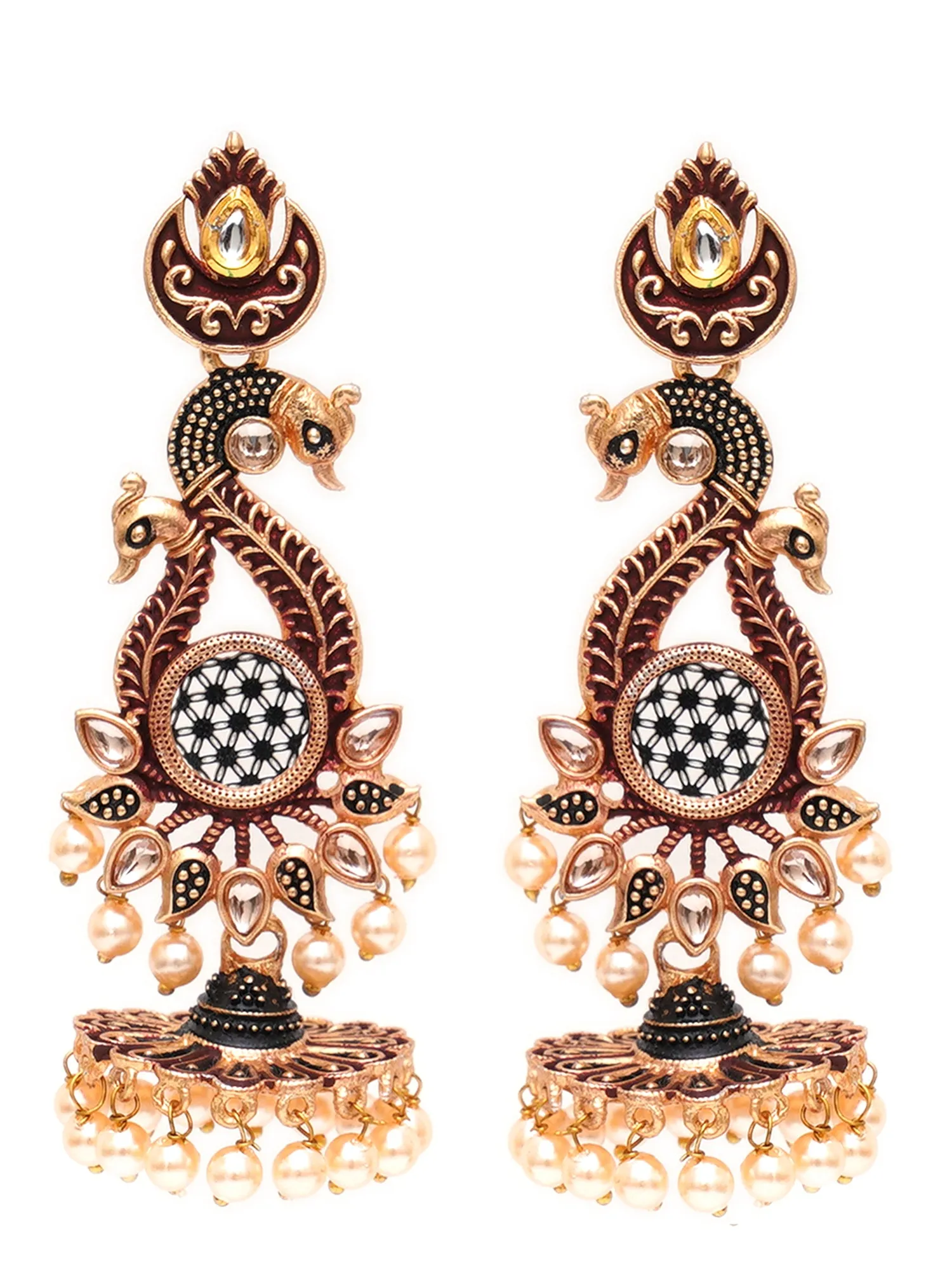 Karatcart Antique Gold Plated Kundan Studded Maroon Meena Peacock with Flat Jhumki Dangler Earrings