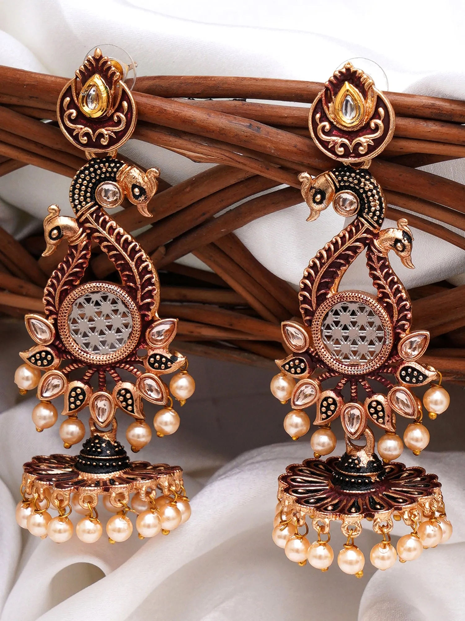 Karatcart Antique Gold Plated Kundan Studded Maroon Meena Peacock with Flat Jhumki Dangler Earrings