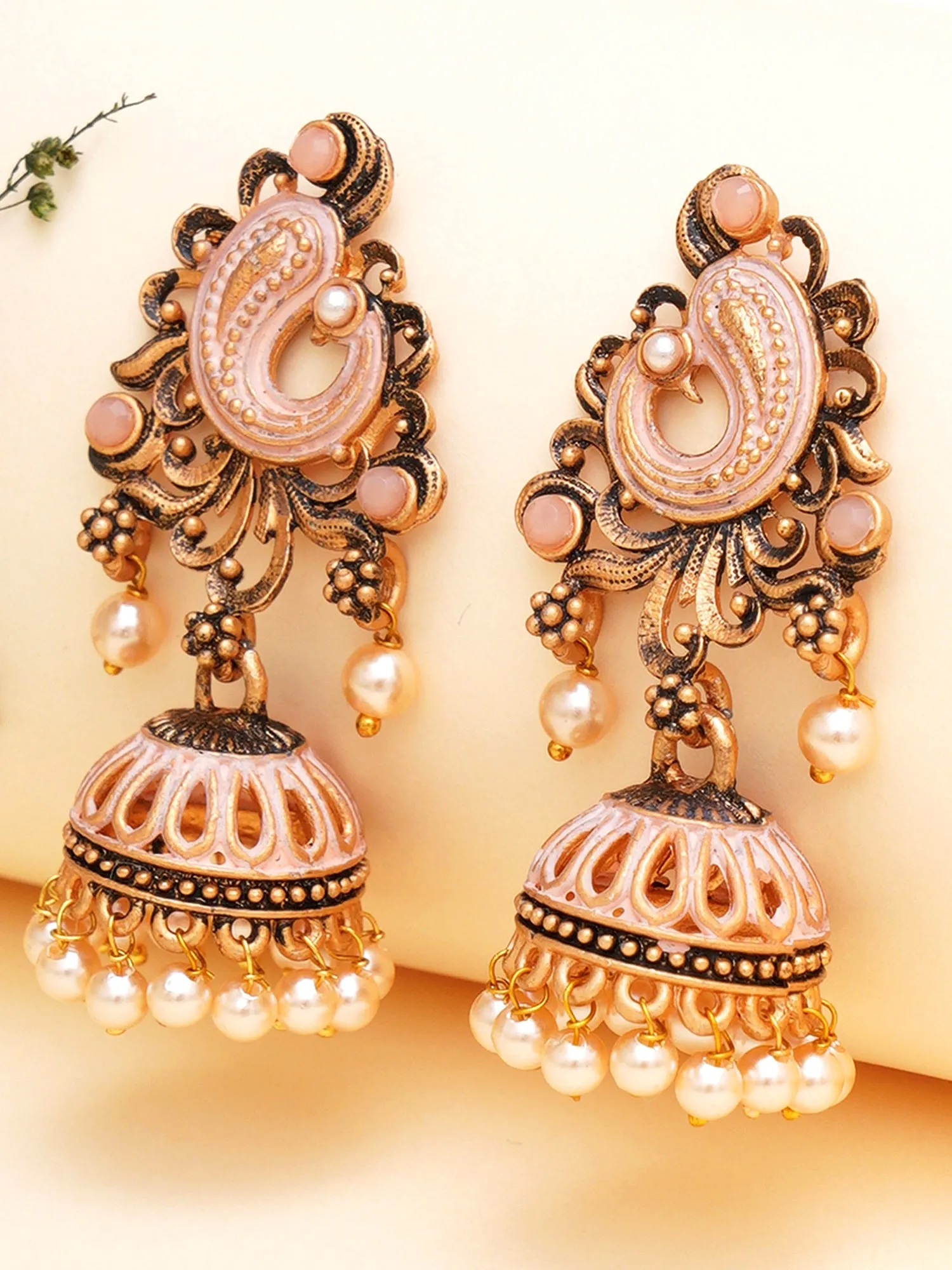 Karatcart Antique Gold Plated Peach Stone with Meena Jhumki Earrings for Women