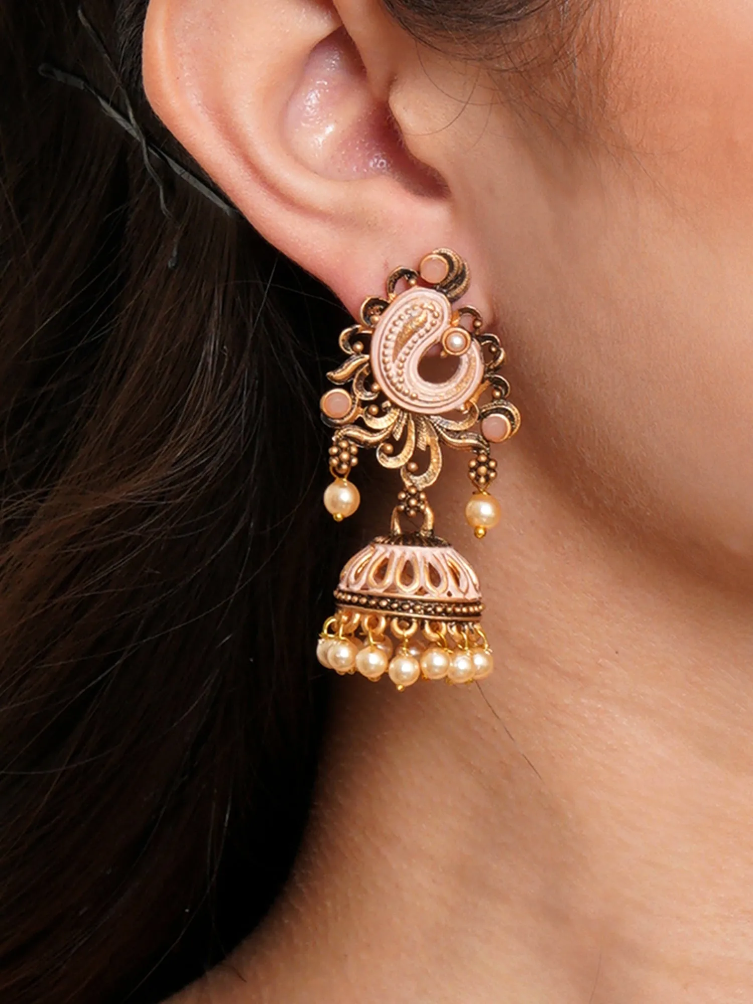 Karatcart Antique Gold Plated Peach Stone with Meena Jhumki Earrings for Women