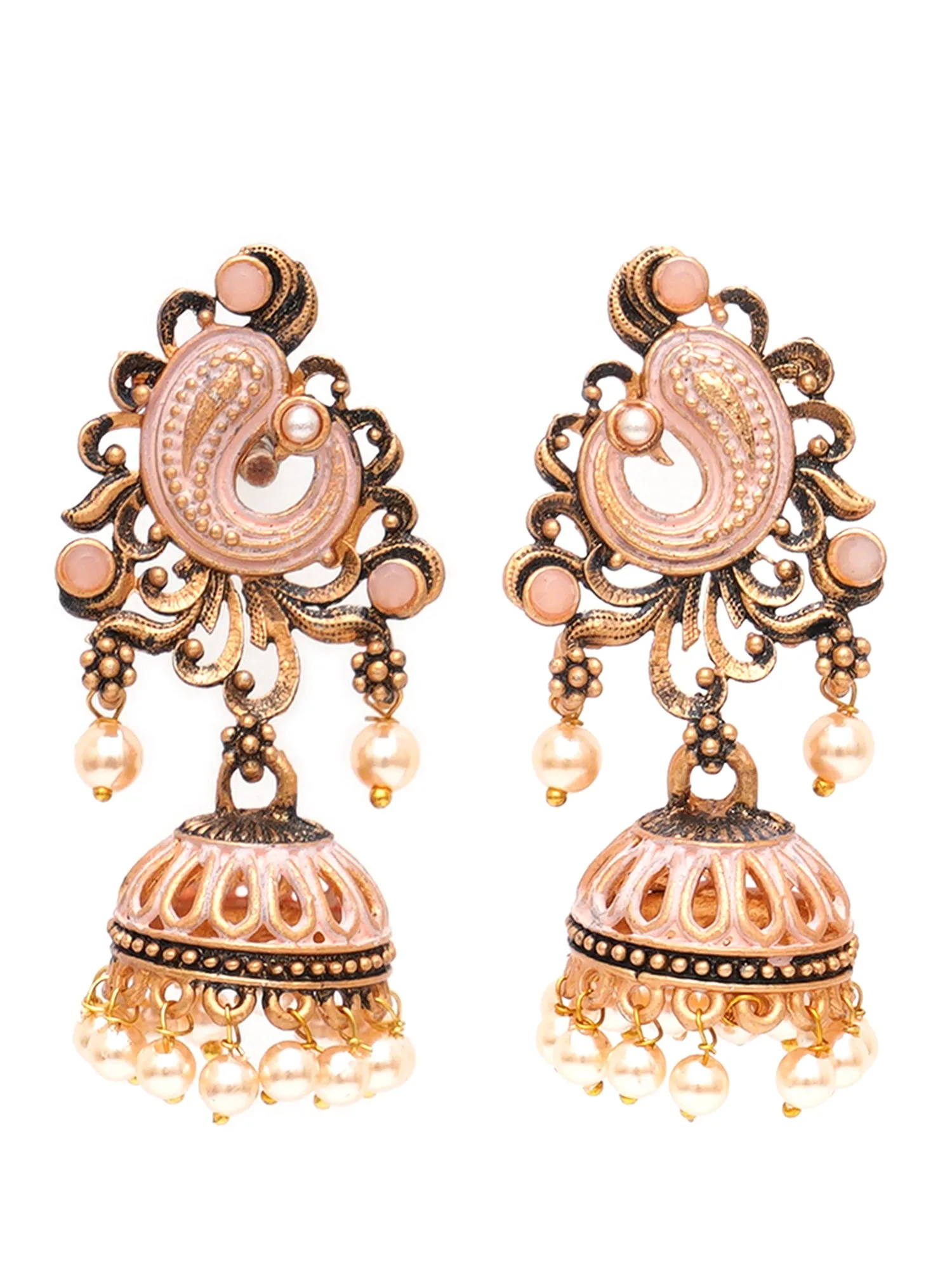 Karatcart Antique Gold Plated Peach Stone with Meena Jhumki Earrings for Women