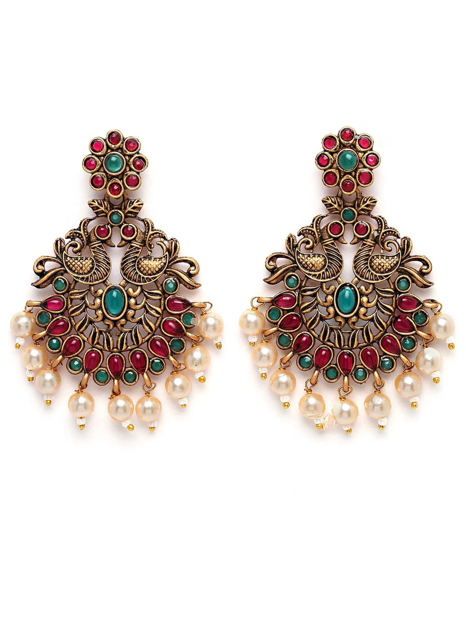 Karatcart Antique Gold Plated Red and Green Kundan Studded Dangler Earrings for Women