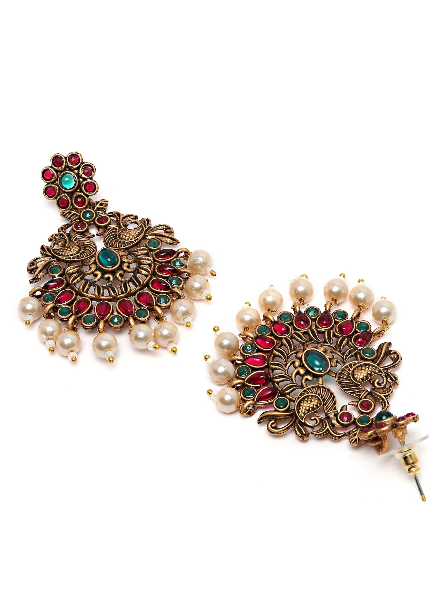 Karatcart Antique Gold Plated Red and Green Kundan Studded Dangler Earrings for Women