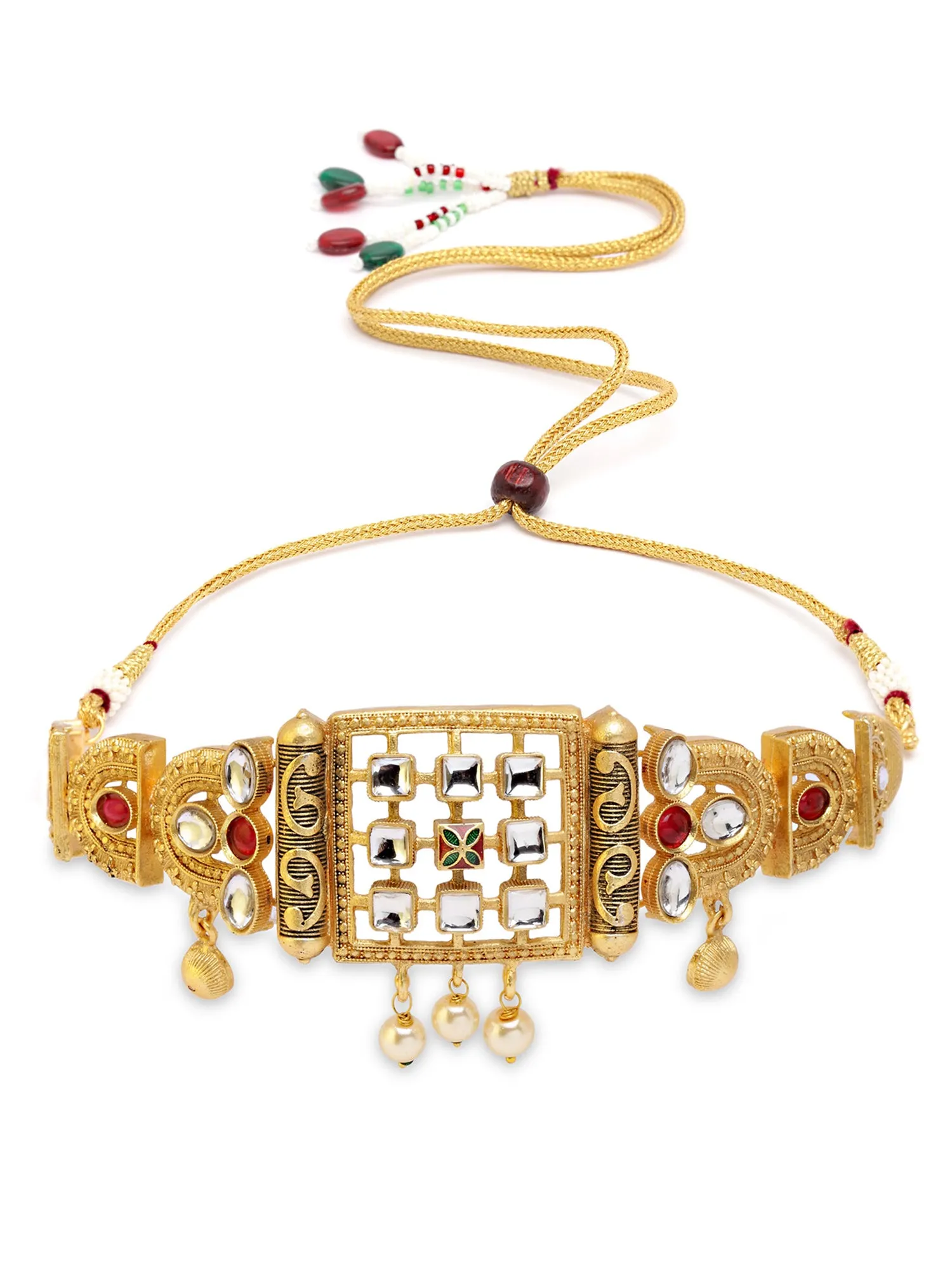 Karatcart Antique Gold Plated Red Meena Choker Necklace with Dangler Earrings for Women