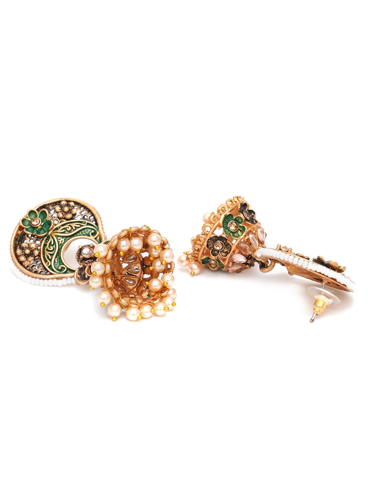 Karatcart Antique Gold Plated White Beaded Green Floral Jhumki Earrings for Women