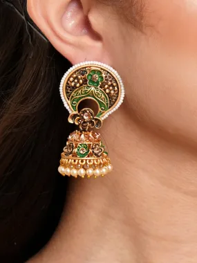 Karatcart Antique Gold Plated White Beaded Green Floral Jhumki Earrings for Women