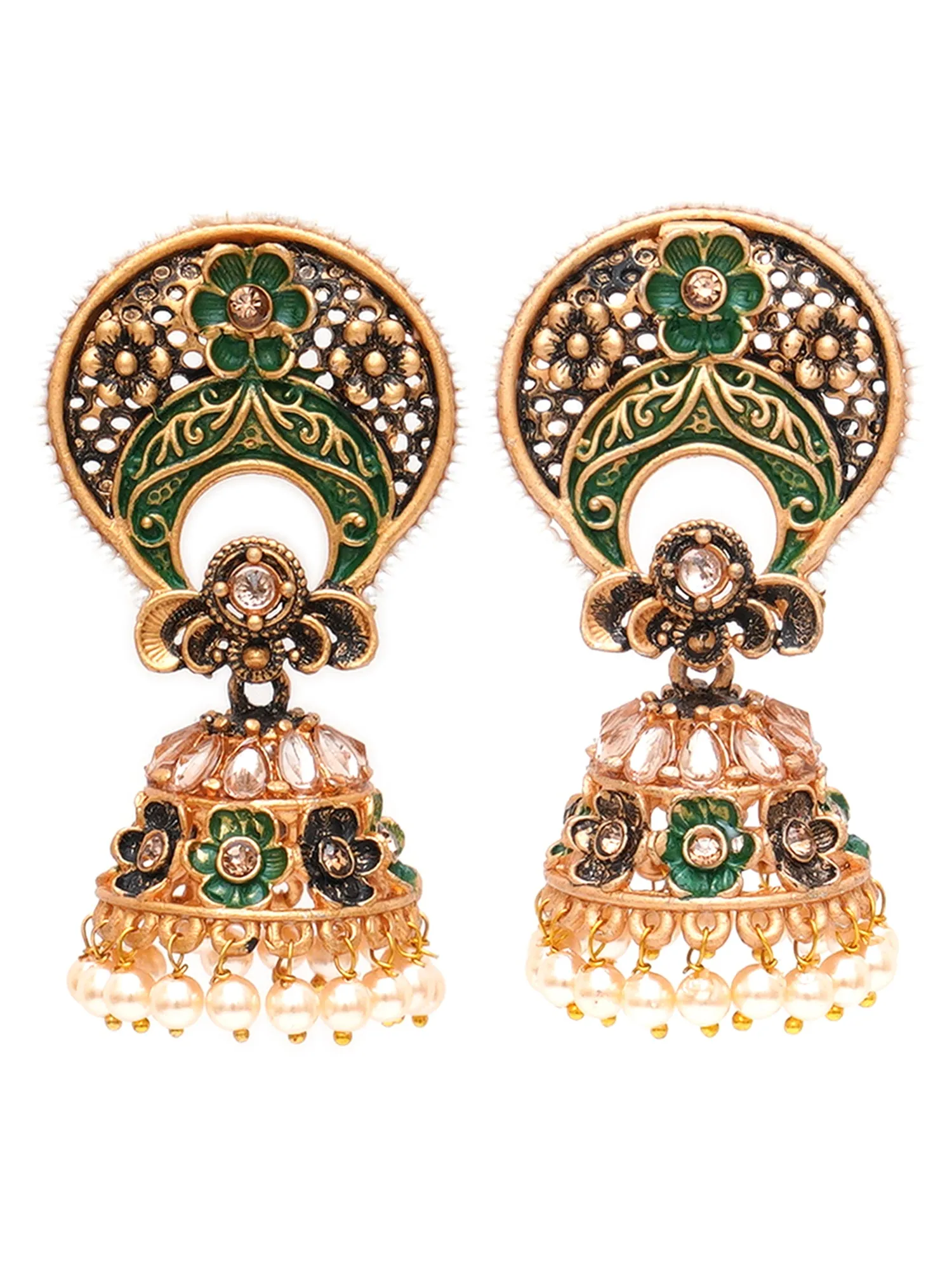 Karatcart Antique Gold Plated White Beaded Green Floral Jhumki Earrings for Women