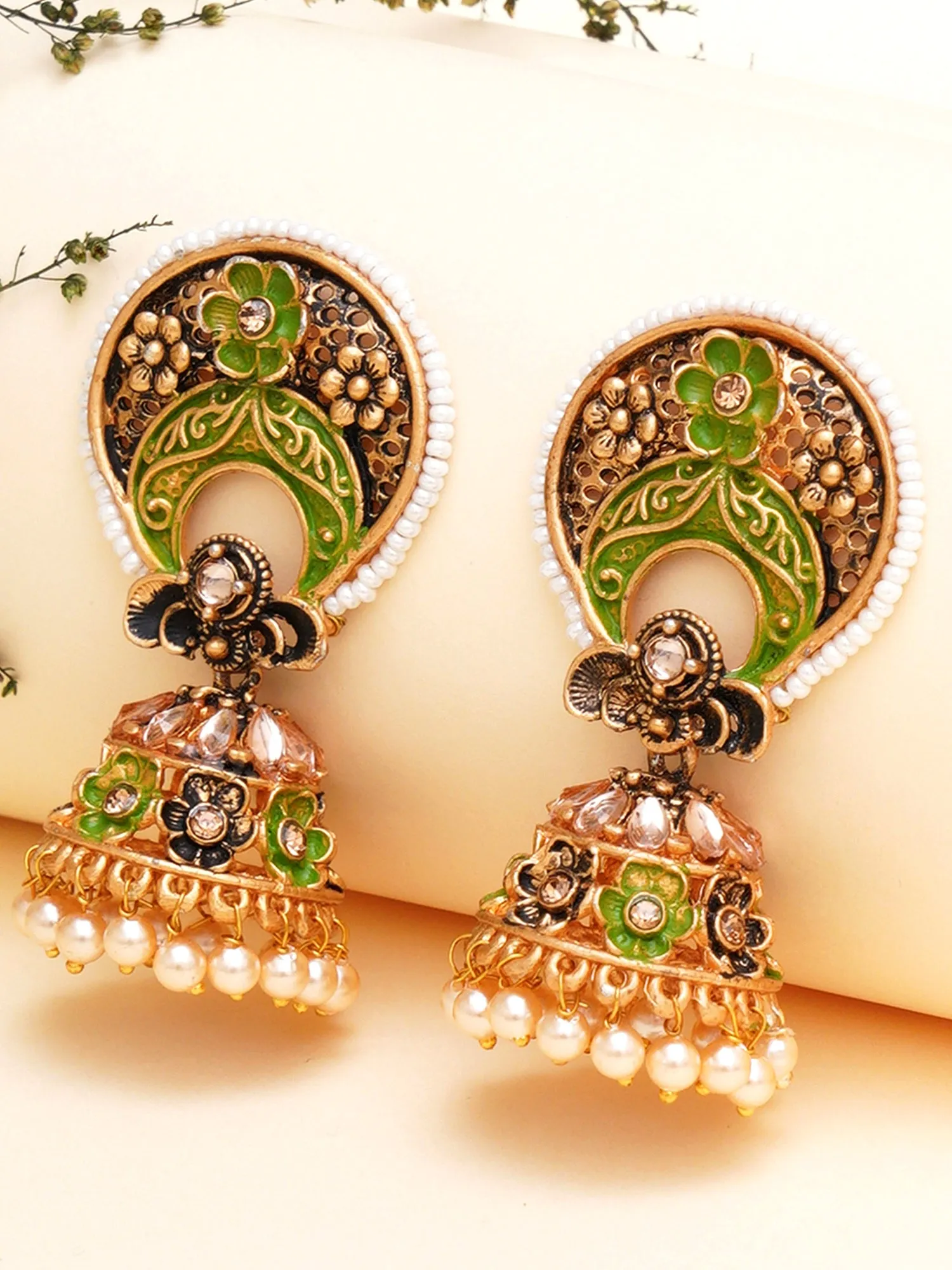 Karatcart Antique Gold Plated White Beaded Light Green Floral Jhumki Earrings for Women