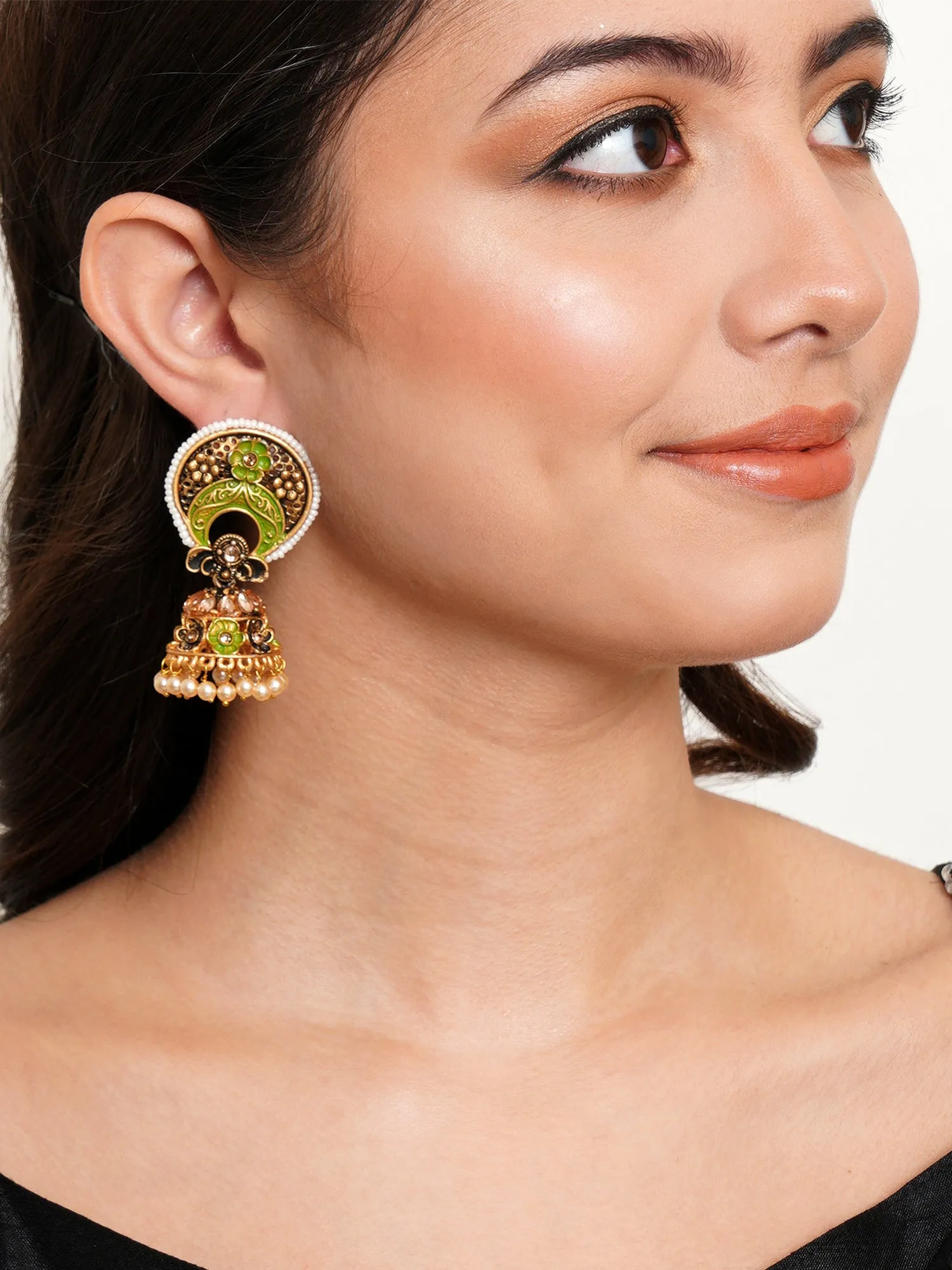 Karatcart Antique Gold Plated White Beaded Light Green Floral Jhumki Earrings for Women