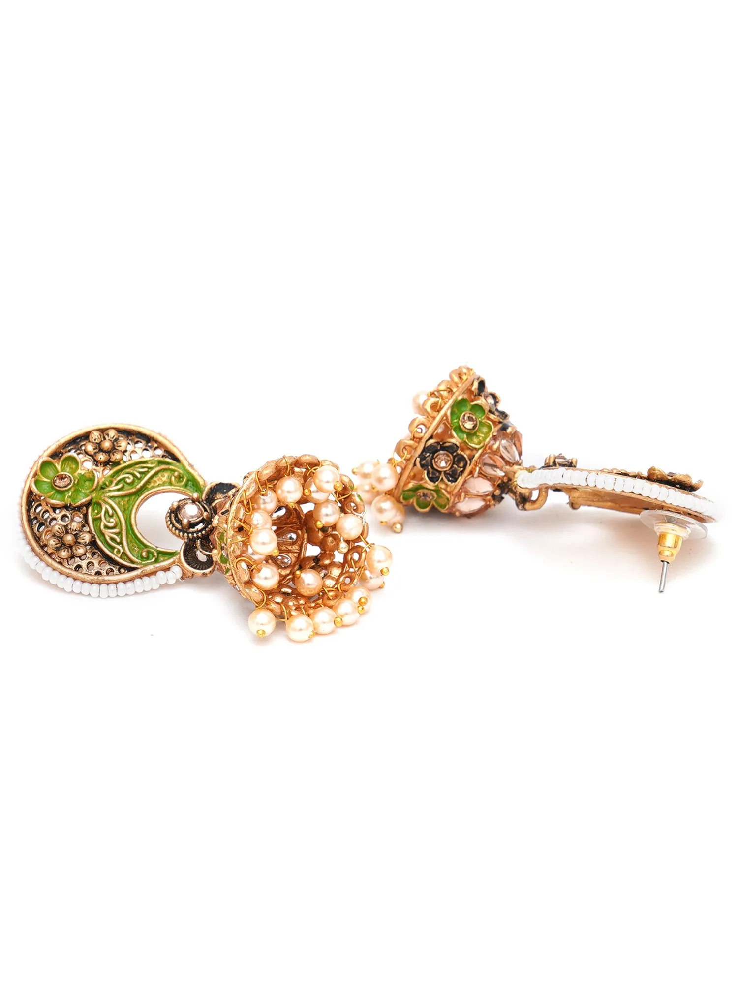 Karatcart Antique Gold Plated White Beaded Light Green Floral Jhumki Earrings for Women