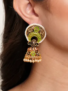 Karatcart Antique Gold Plated White Beaded Light Green Floral Jhumki Earrings for Women