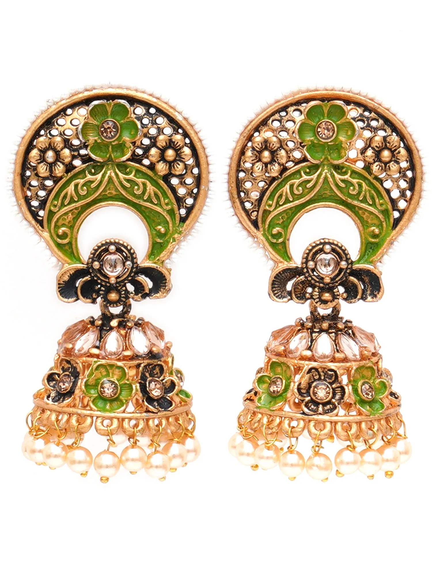 Karatcart Antique Gold Plated White Beaded Light Green Floral Jhumki Earrings for Women