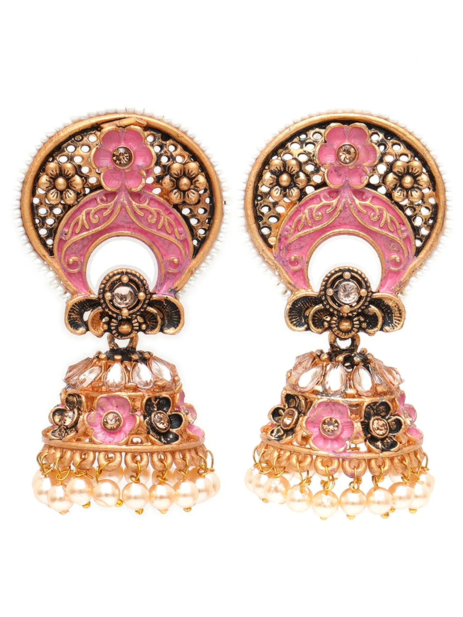 Karatcart Antique Gold Plated White Beaded Pink Floral Jhumki Earrings for Women