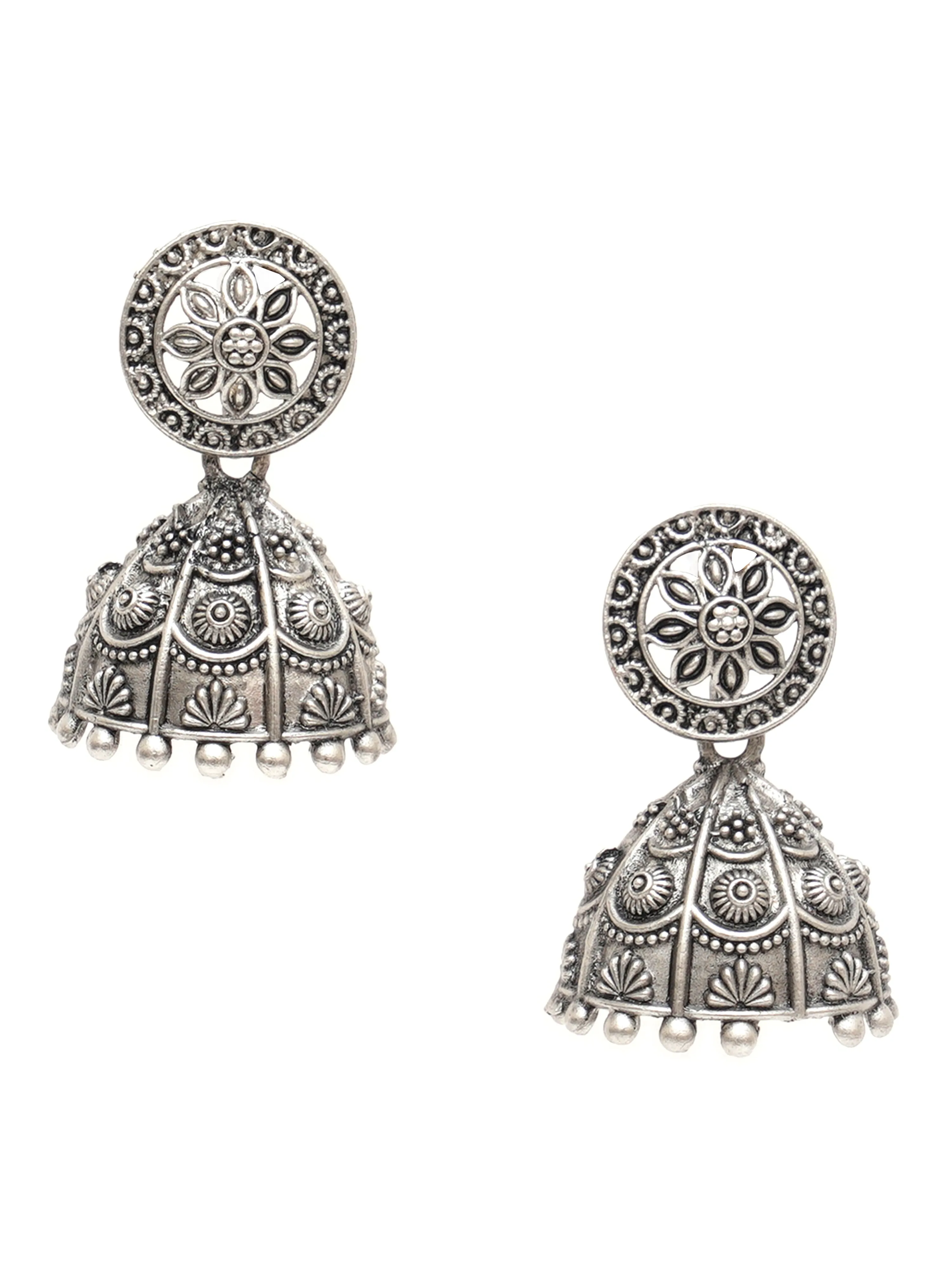 Karatcart Antique Silver Plated Floral Jhumki Earrings for Women