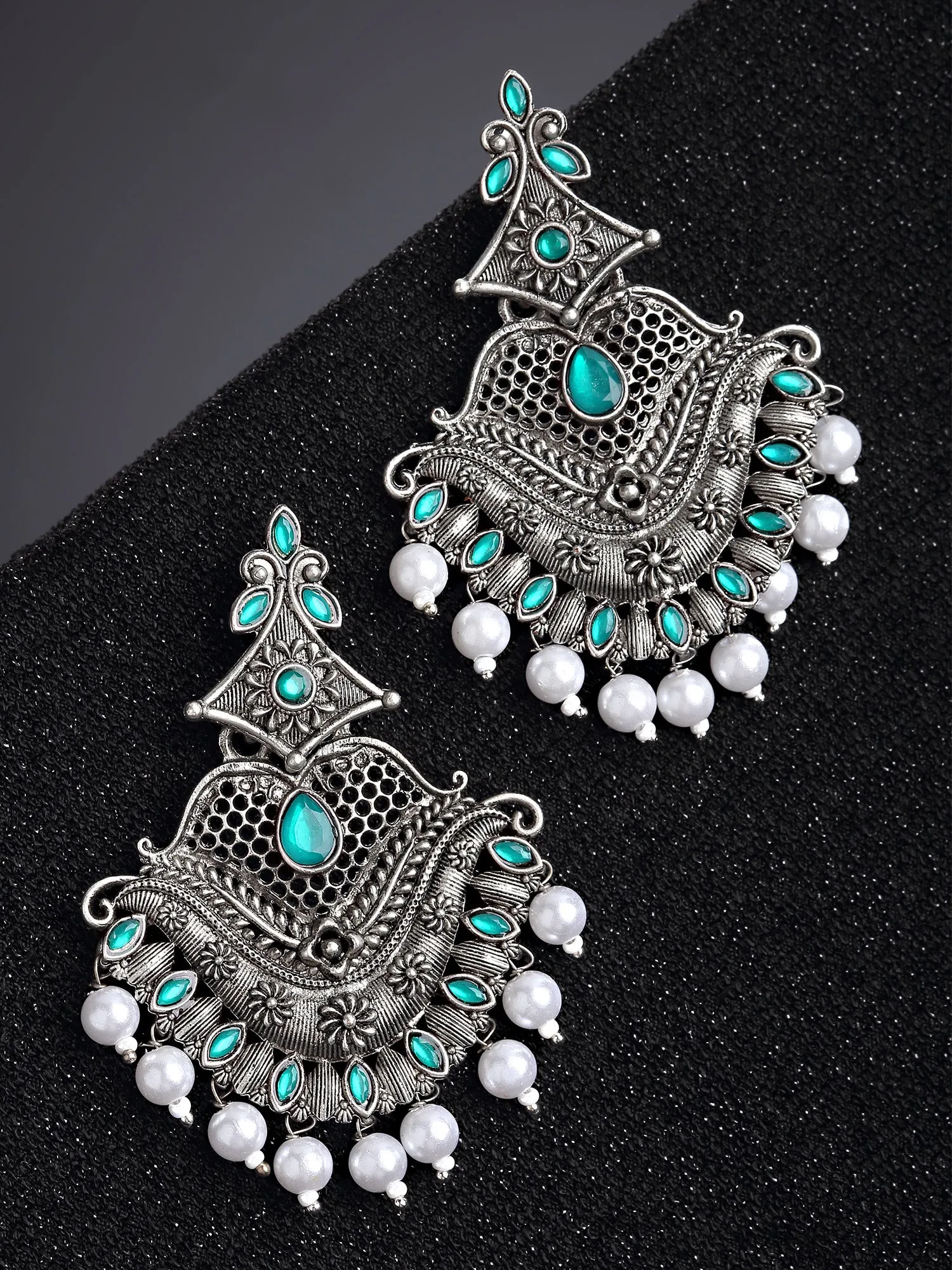 Karatcart Antique Silver Plated Green Monalisa Stone Studded Dangler Earrings for Women