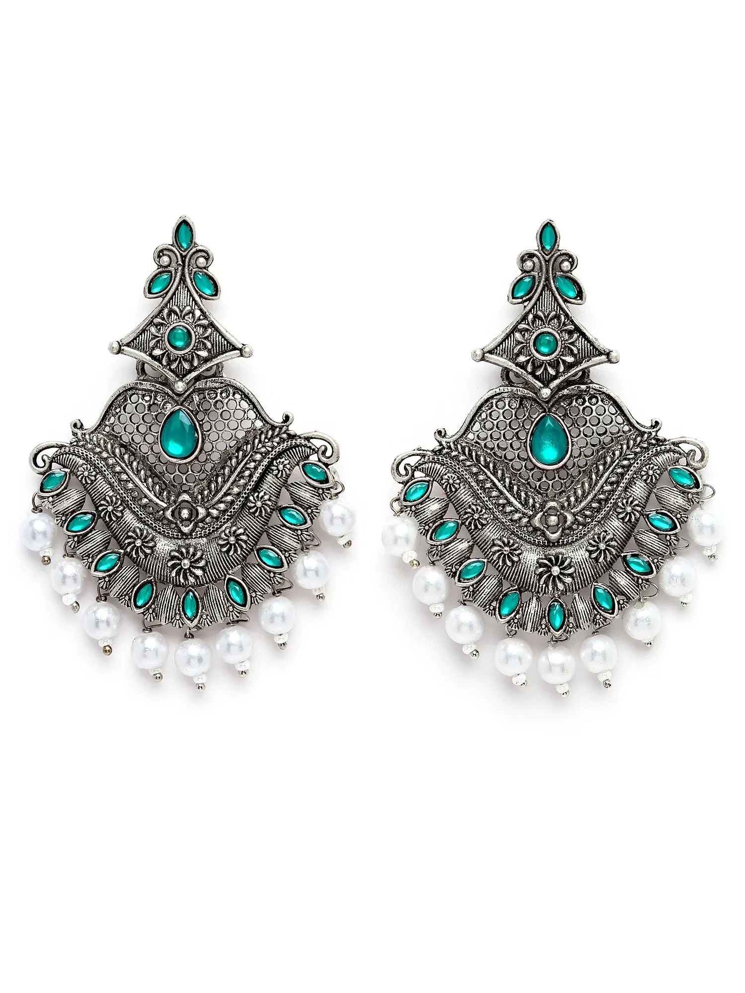 Karatcart Antique Silver Plated Green Monalisa Stone Studded Dangler Earrings for Women