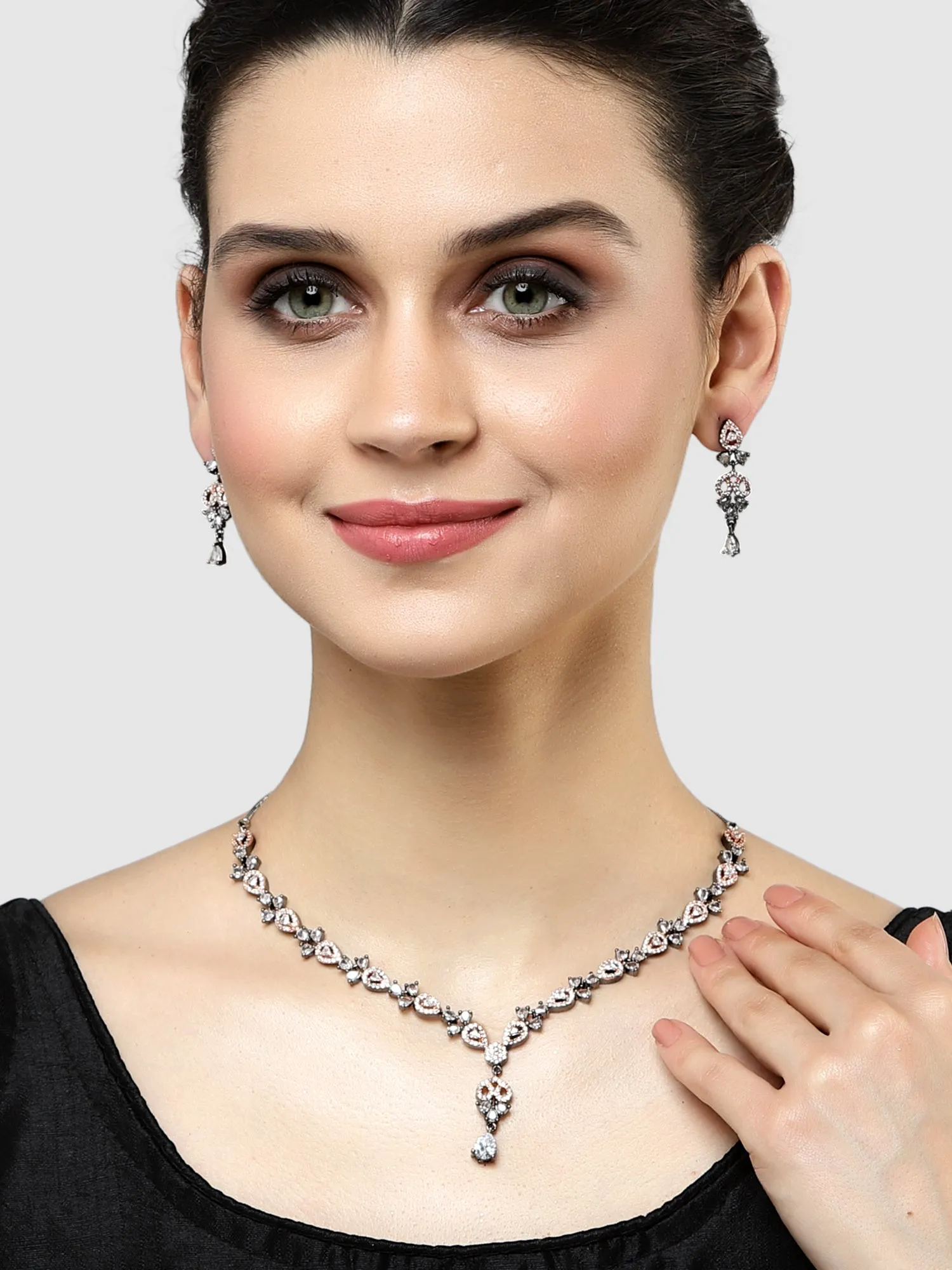 Karatcart Black and Rose Gold Plated Cubic Zirconia Studded Necklace Set