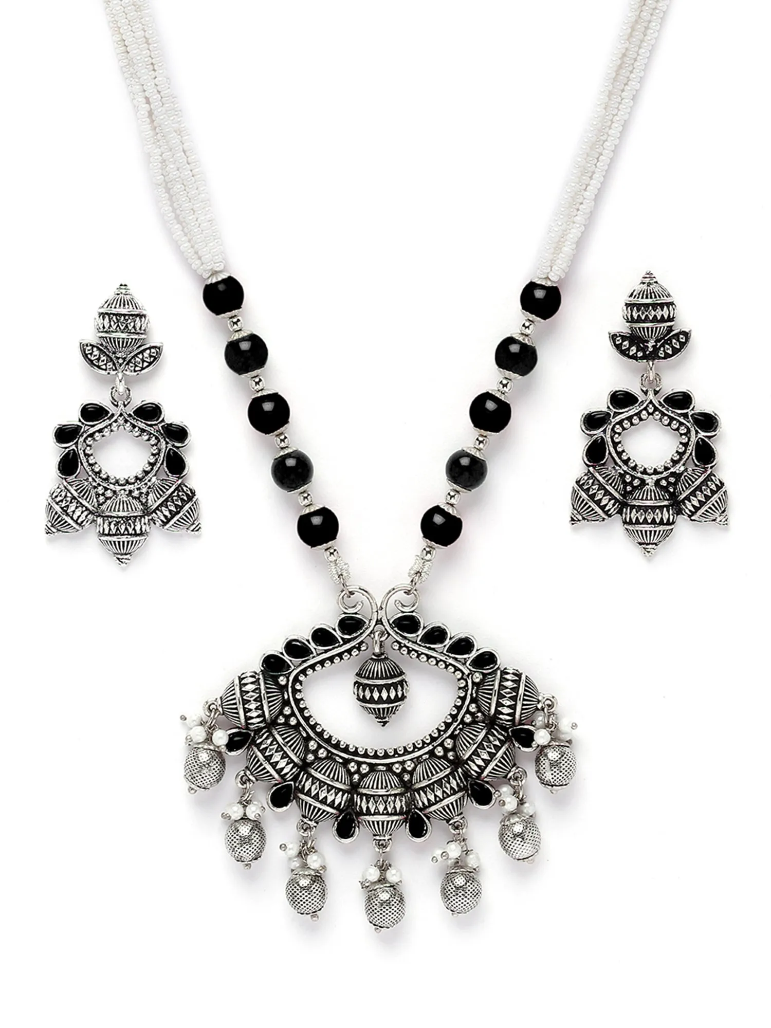 Karatcart Black Beads Oxidised Silver Necklace Set for Women