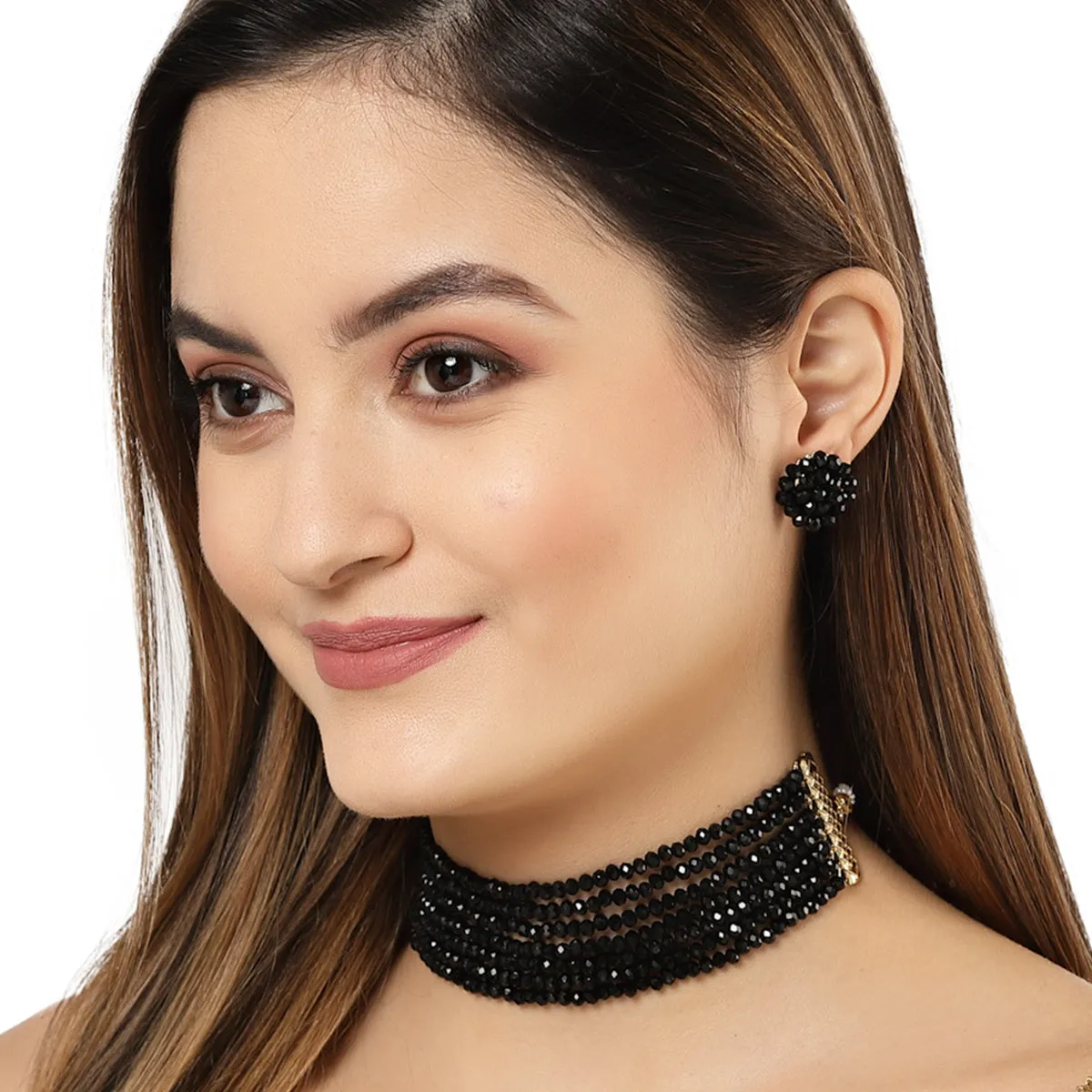 Karatcart Black Crystal Beaded Choker Necklace Setfor Women