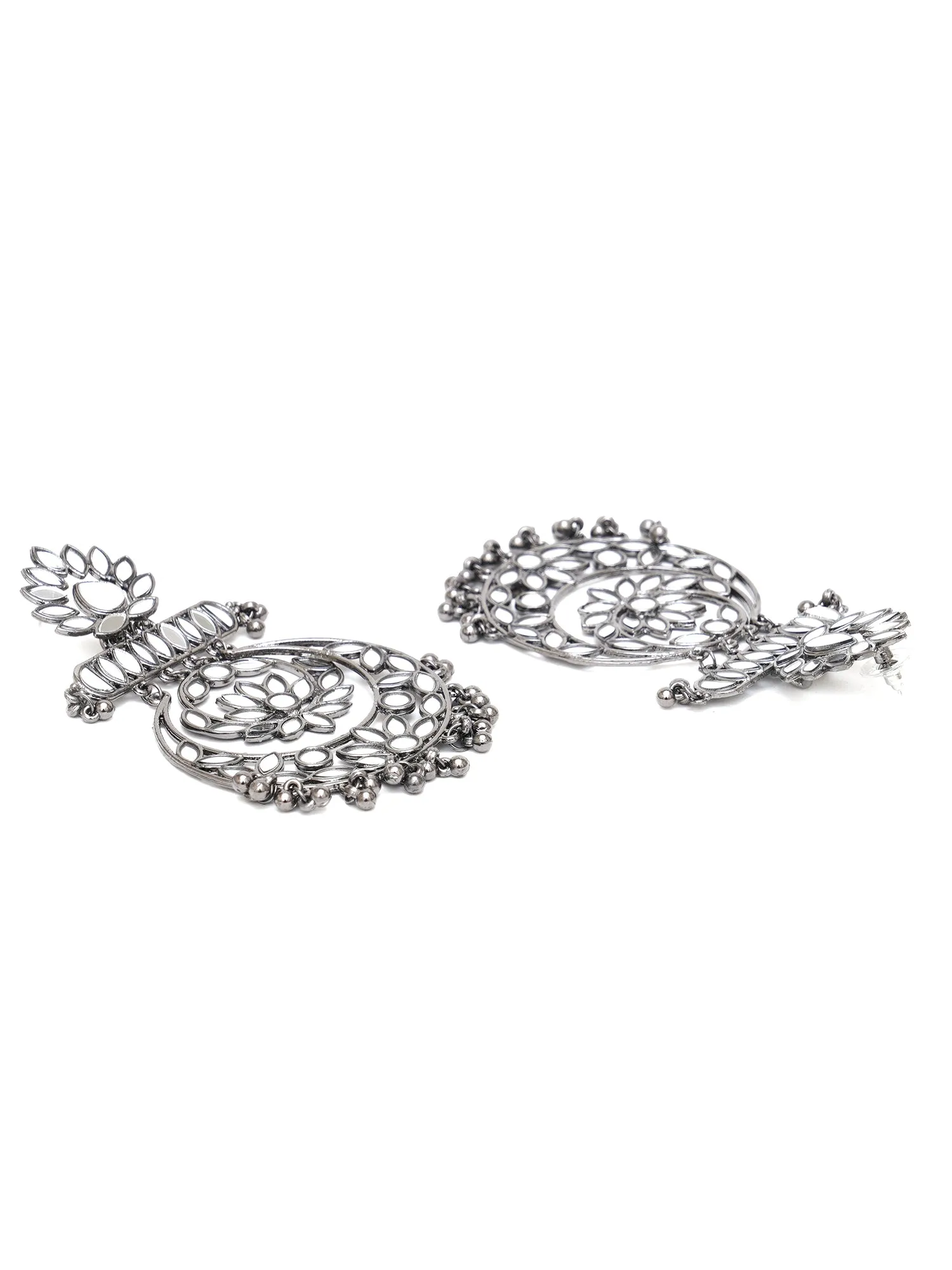 Karatcart Black Silver Plated Floral Design Mirror Work Long Dangler Earrings for Women