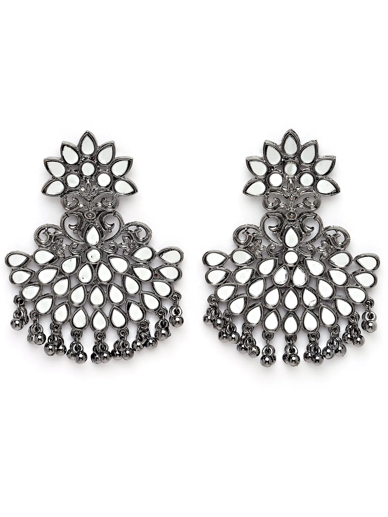 Karatcart Black Silver Plated Mirror Studded Dangler Earrings for Women