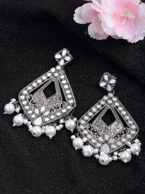 Karatcart Black Silver Plated Mirror Studded Diamond Shape Dangler Earrings for Women